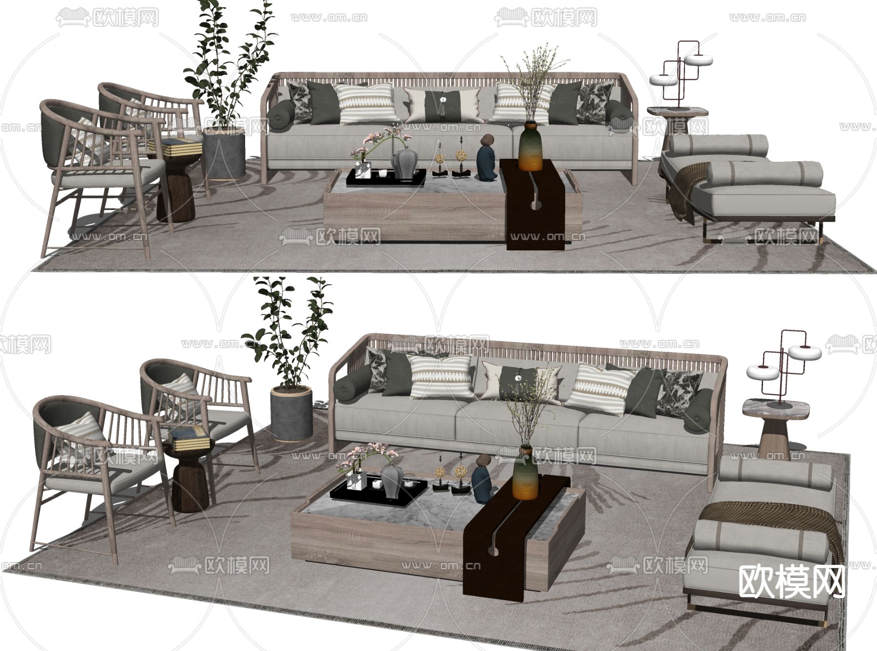 新中式布艺沙发组合su模型下载（渲染图2）