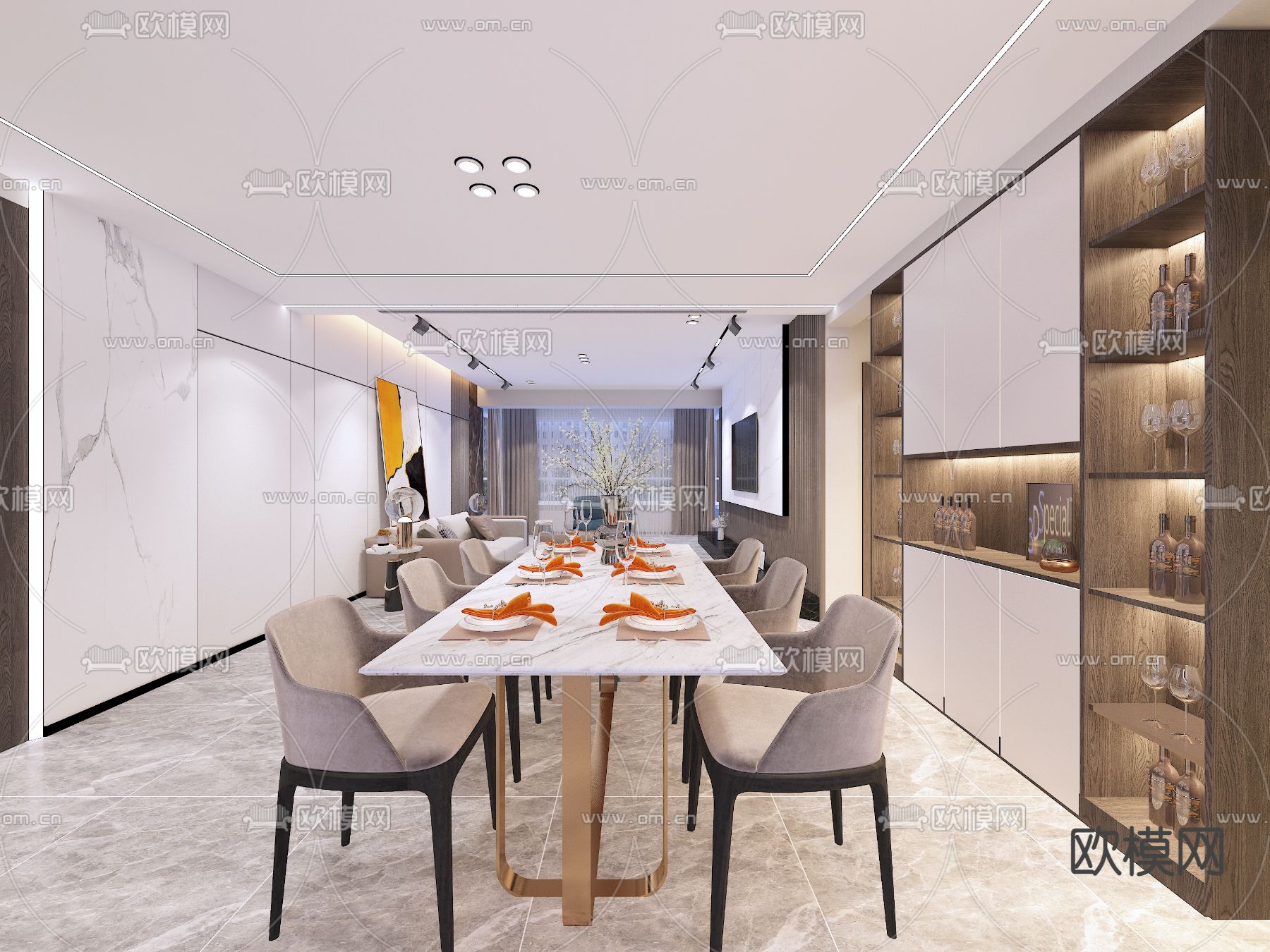 现代客厅餐厅免费3d模型下载（渲染图7）