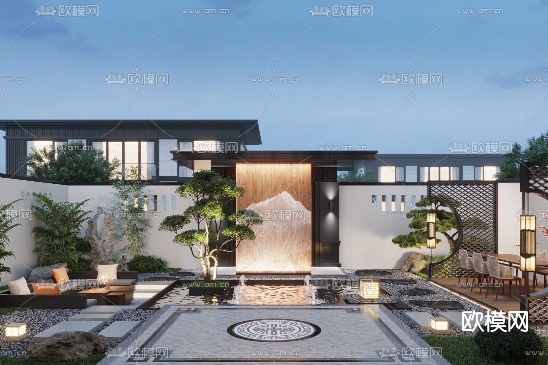 新中式别墅庭院夜景3d模型下载（渲染图1）