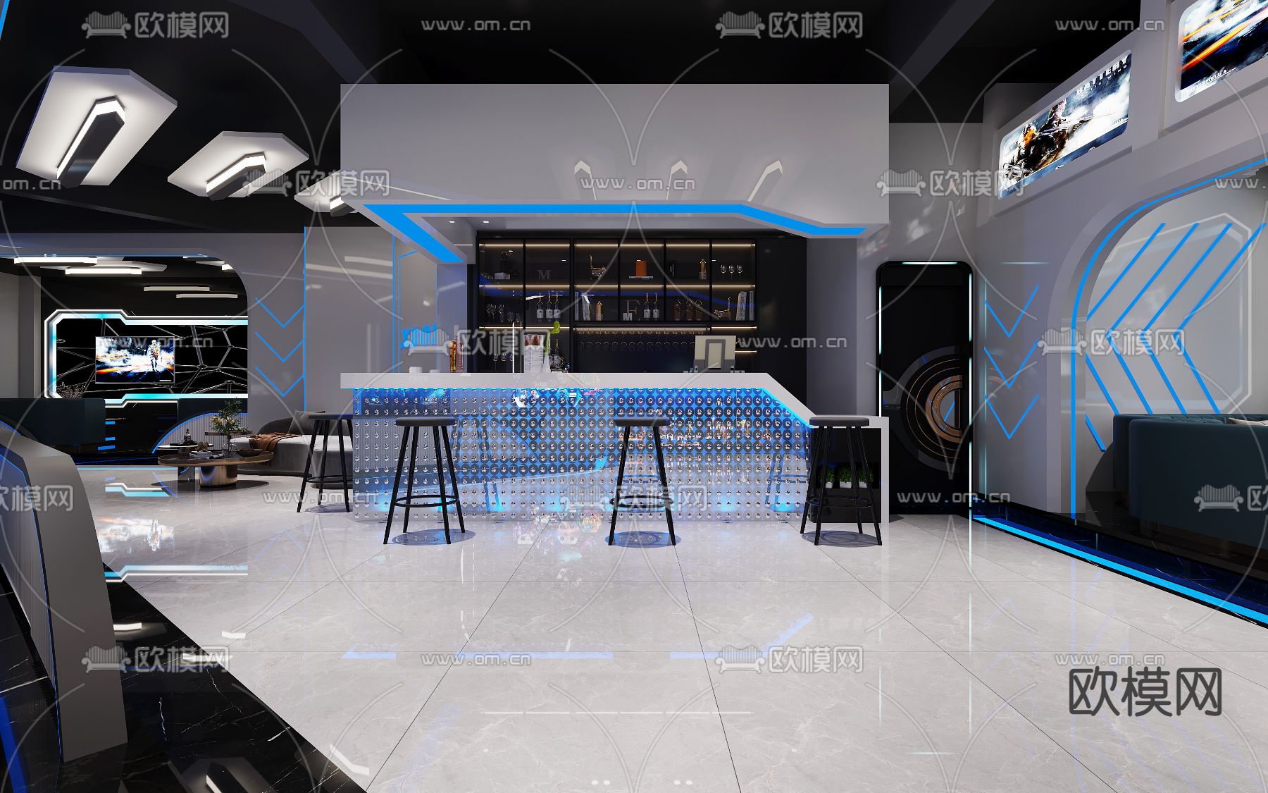 现代电竞奶茶店免费3d模型下载（渲染图4）