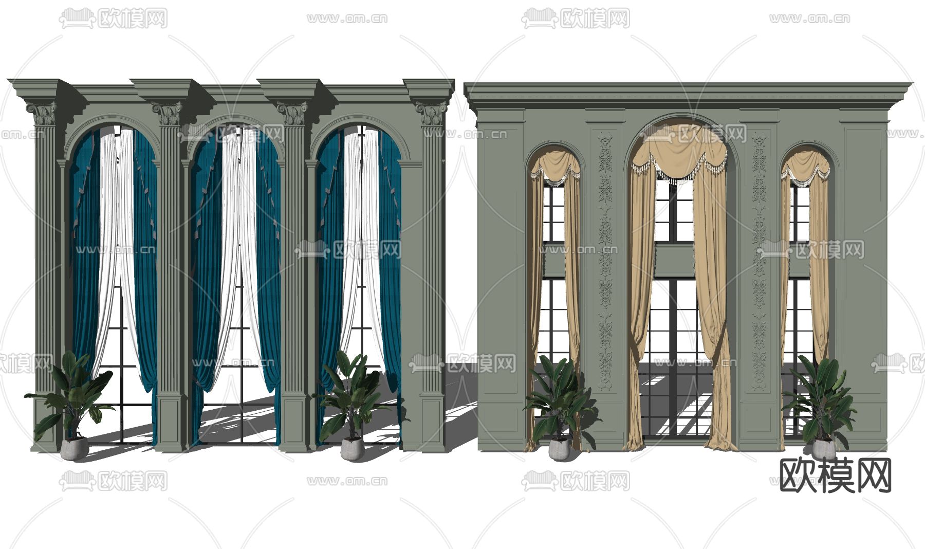 欧式窗户窗帘su模型下载（渲染图2）