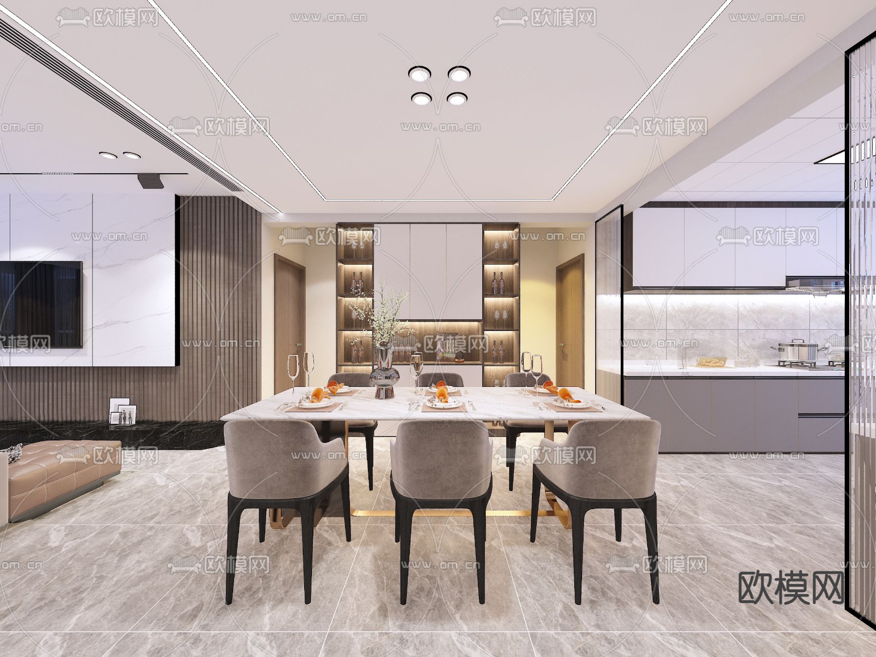 现代客厅餐厅免费3d模型下载（渲染图1）