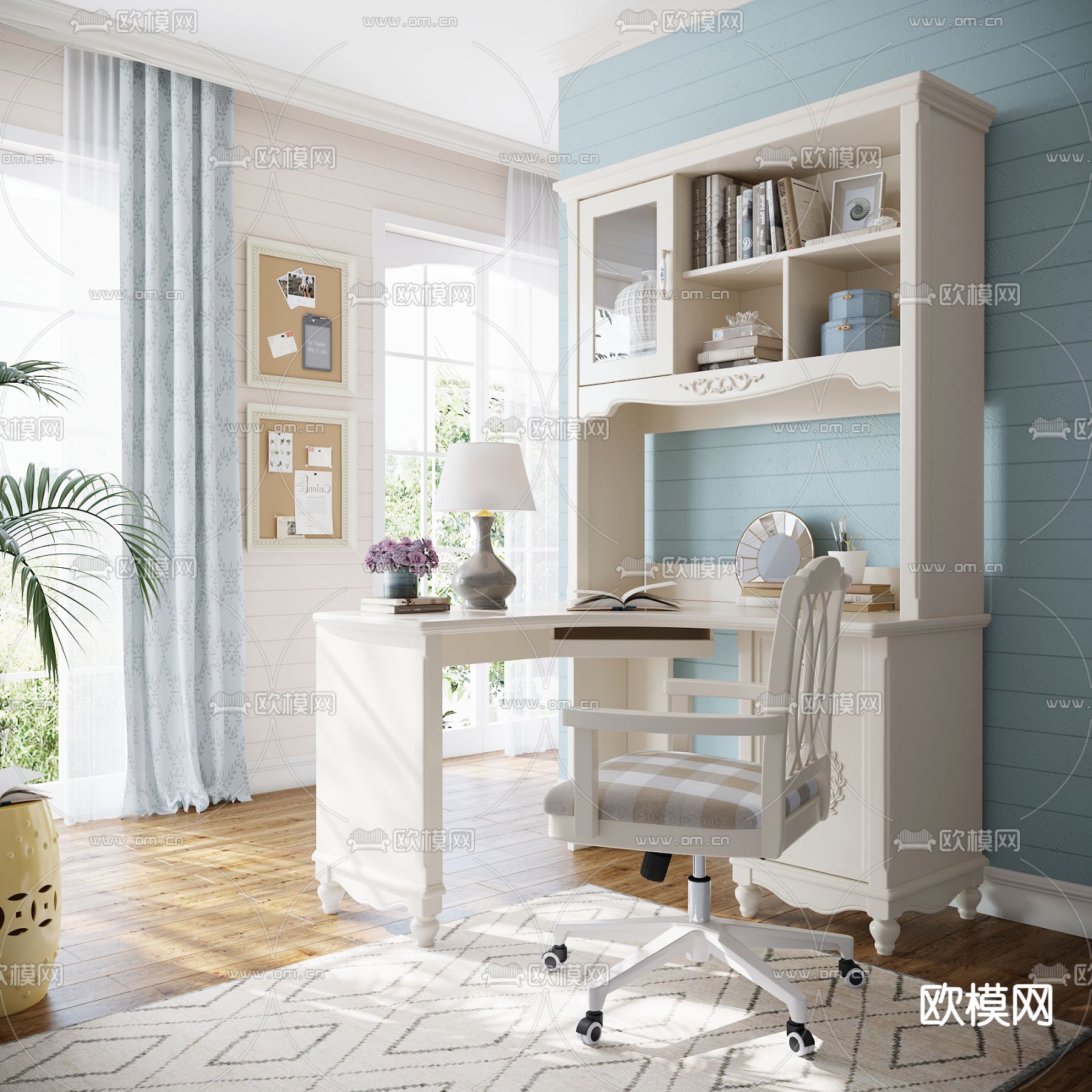 简欧书桌椅免费3d模型下载