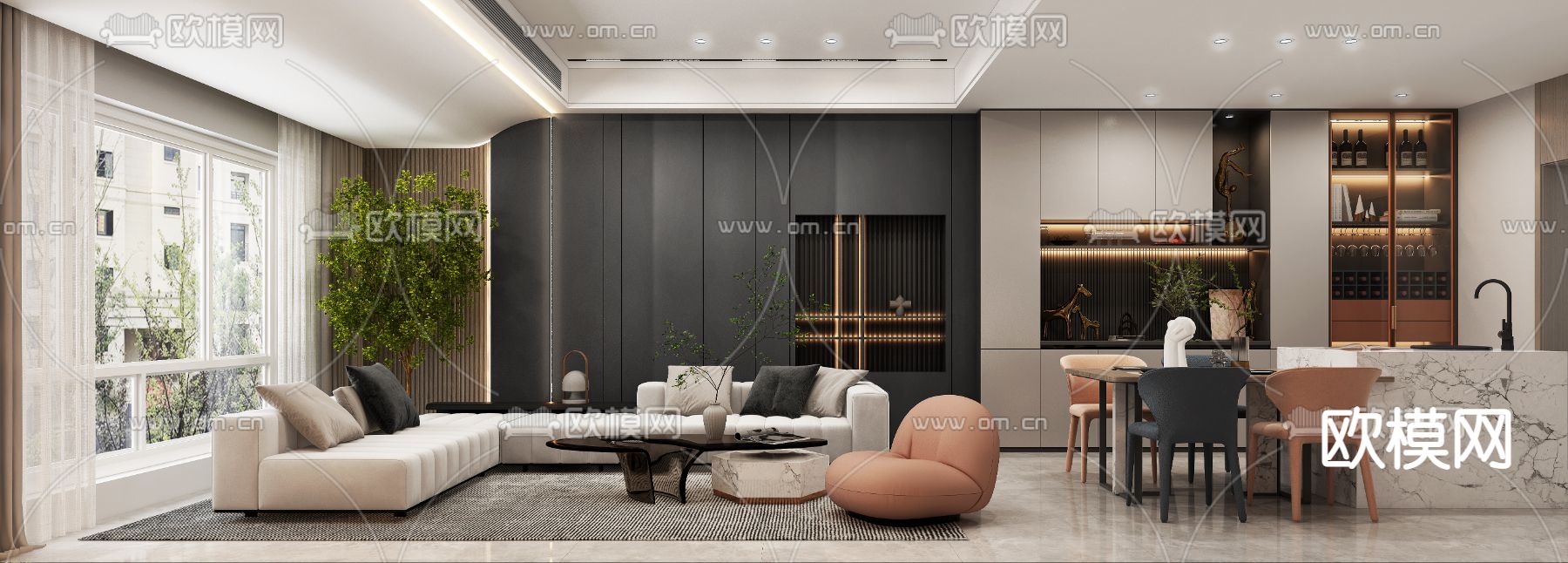 现代奶油客餐厅免费3d模型下载（渲染图1）