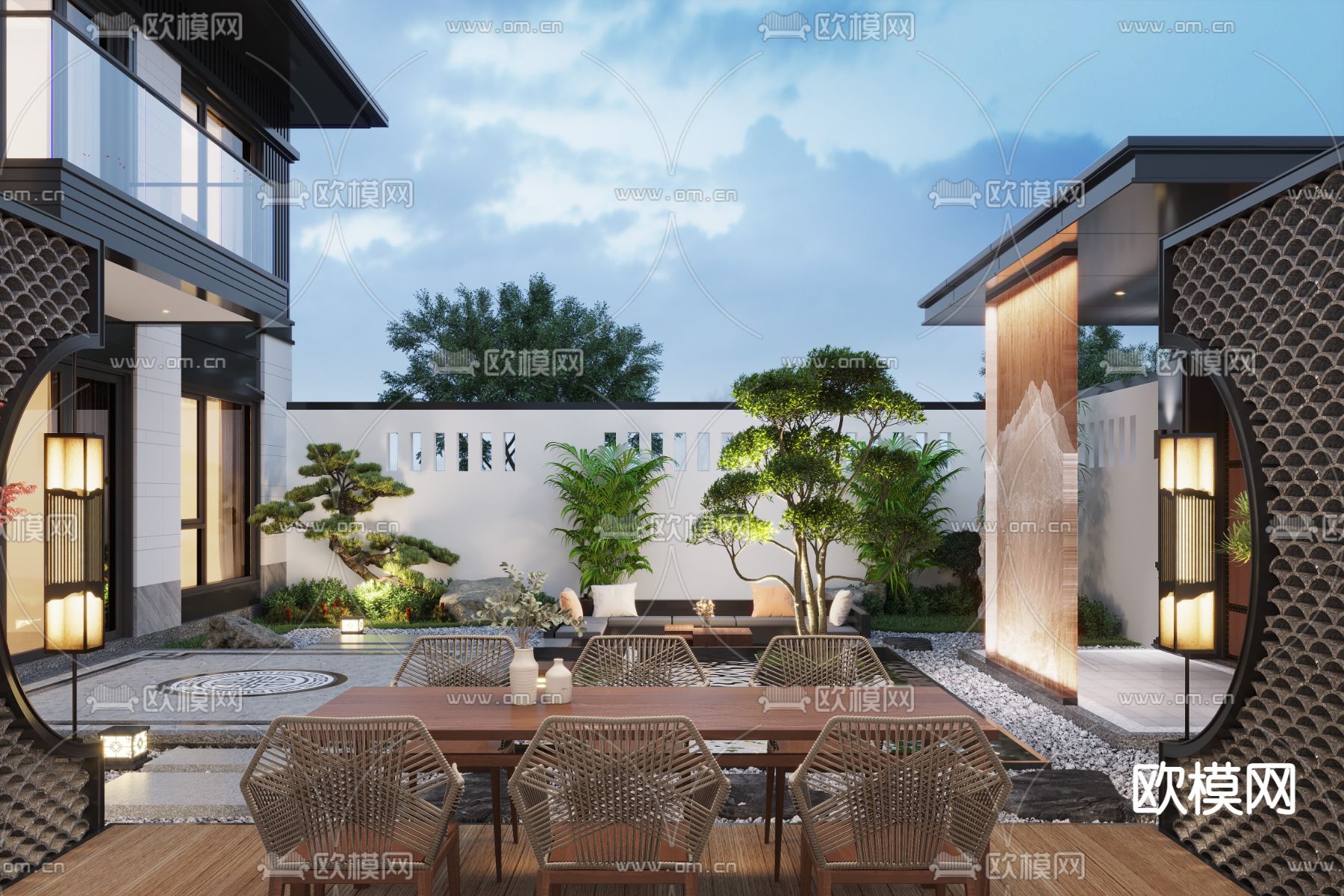 新中式别墅庭院夜景3d模型下载（渲染图2）