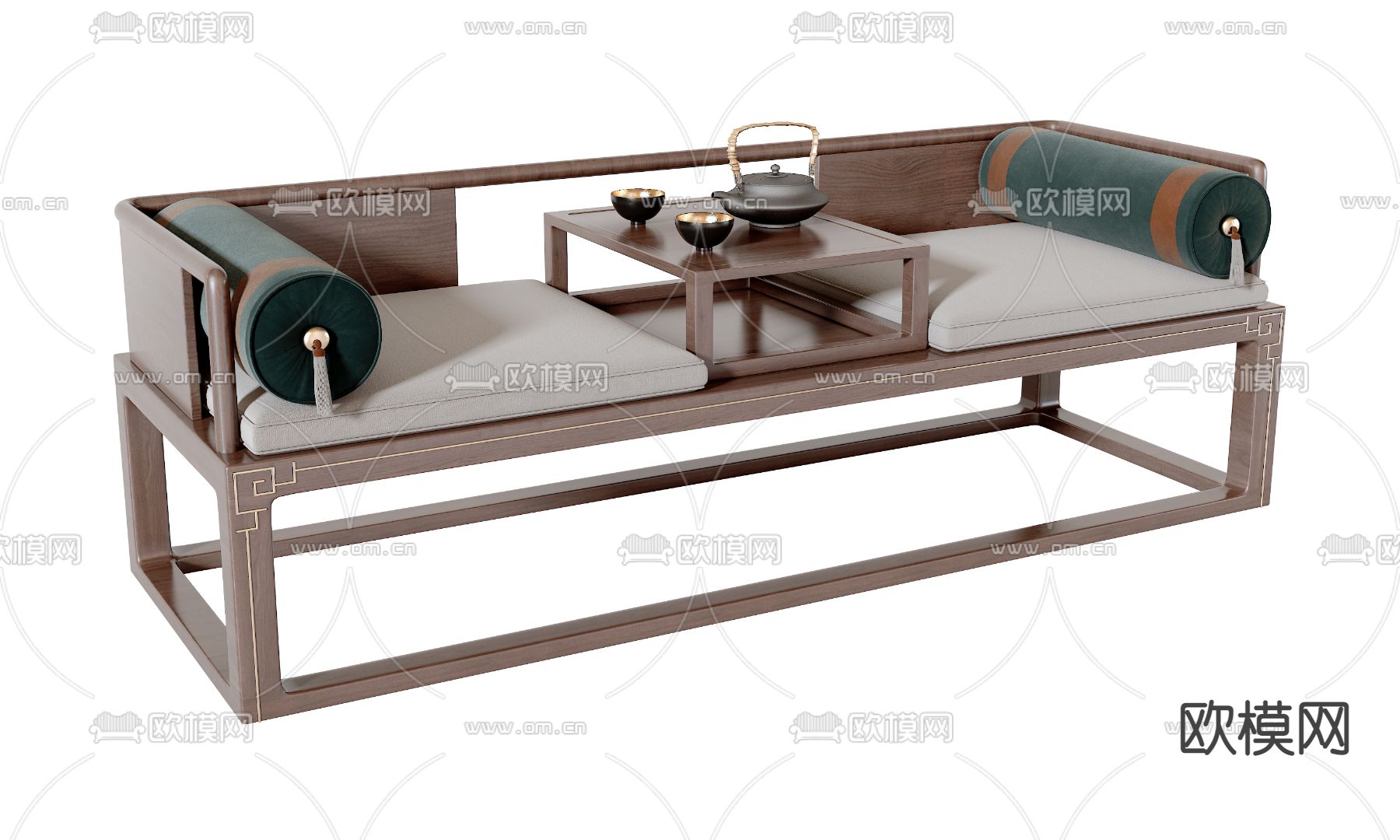 新中式实木罗汉床3d模型下载（渲染图2）