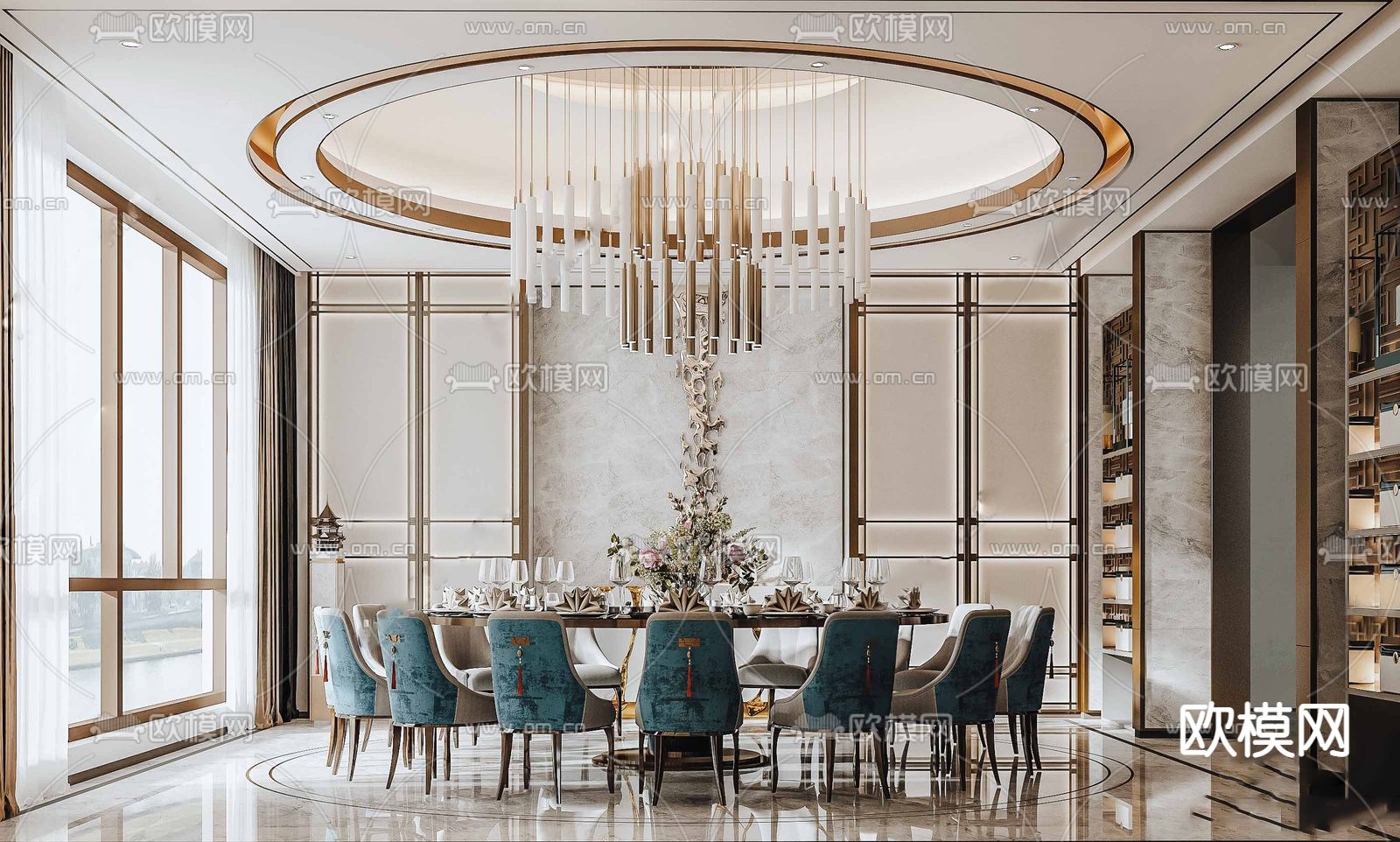 新中式餐厅包房su模型下载（渲染图1）