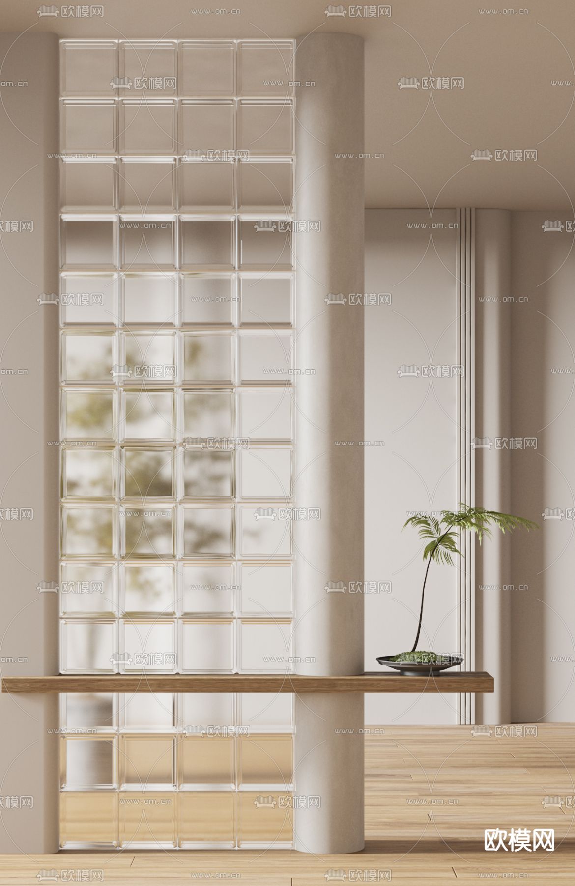 奶油风玻璃砖屏风隔断3d模型下载（渲染图3）