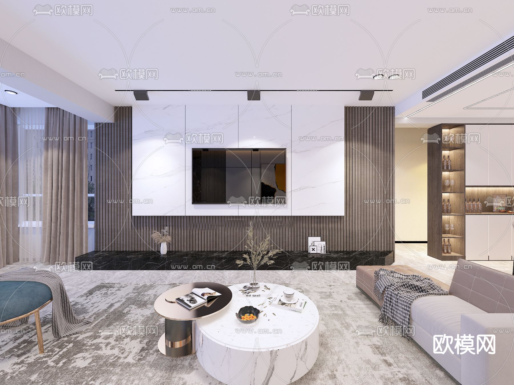 现代客厅餐厅免费3d模型下载（渲染图2）