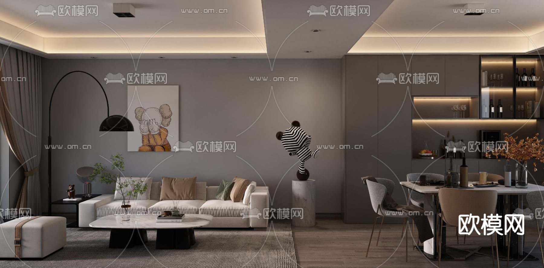 现代高级灰客餐厅免费3d模型下载（渲染图1）