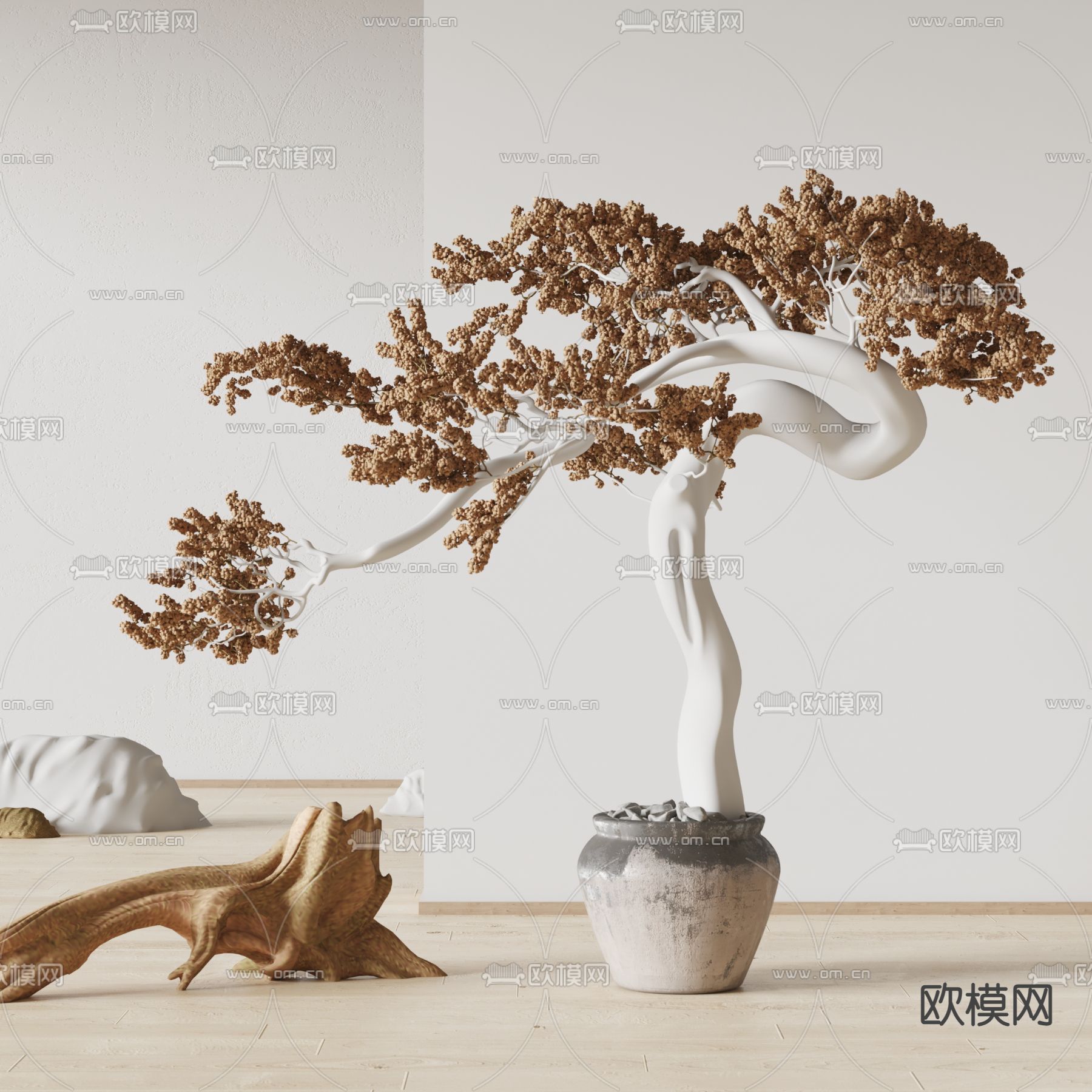 侘寂植物雕塑盆栽su模型下载（渲染图1）