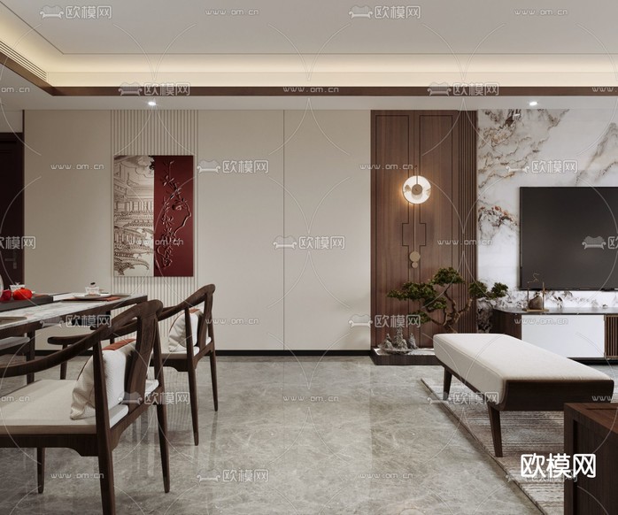 新中式客餐厅3d模型下载_ID11970323_3dmax免费模型-欧模网
