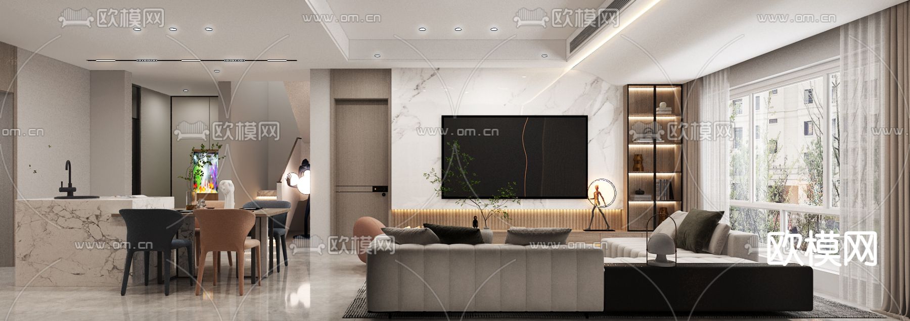 现代奶油客餐厅免费3d模型下载（渲染图2）