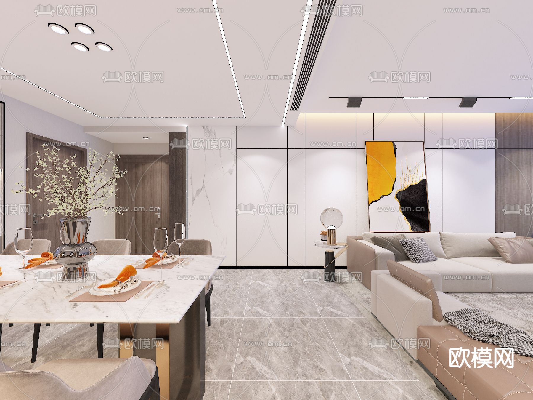 现代客厅餐厅免费3d模型下载（渲染图4）