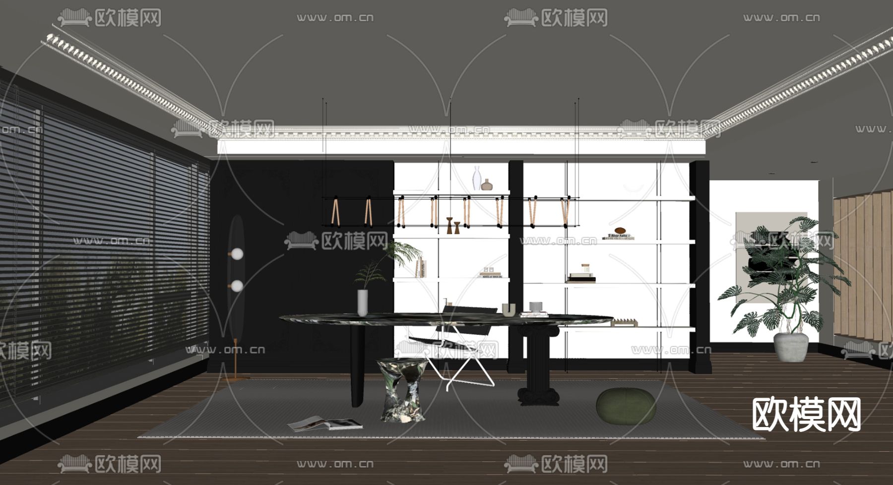 法式黑白灰书房su模型下载（渲染图2）