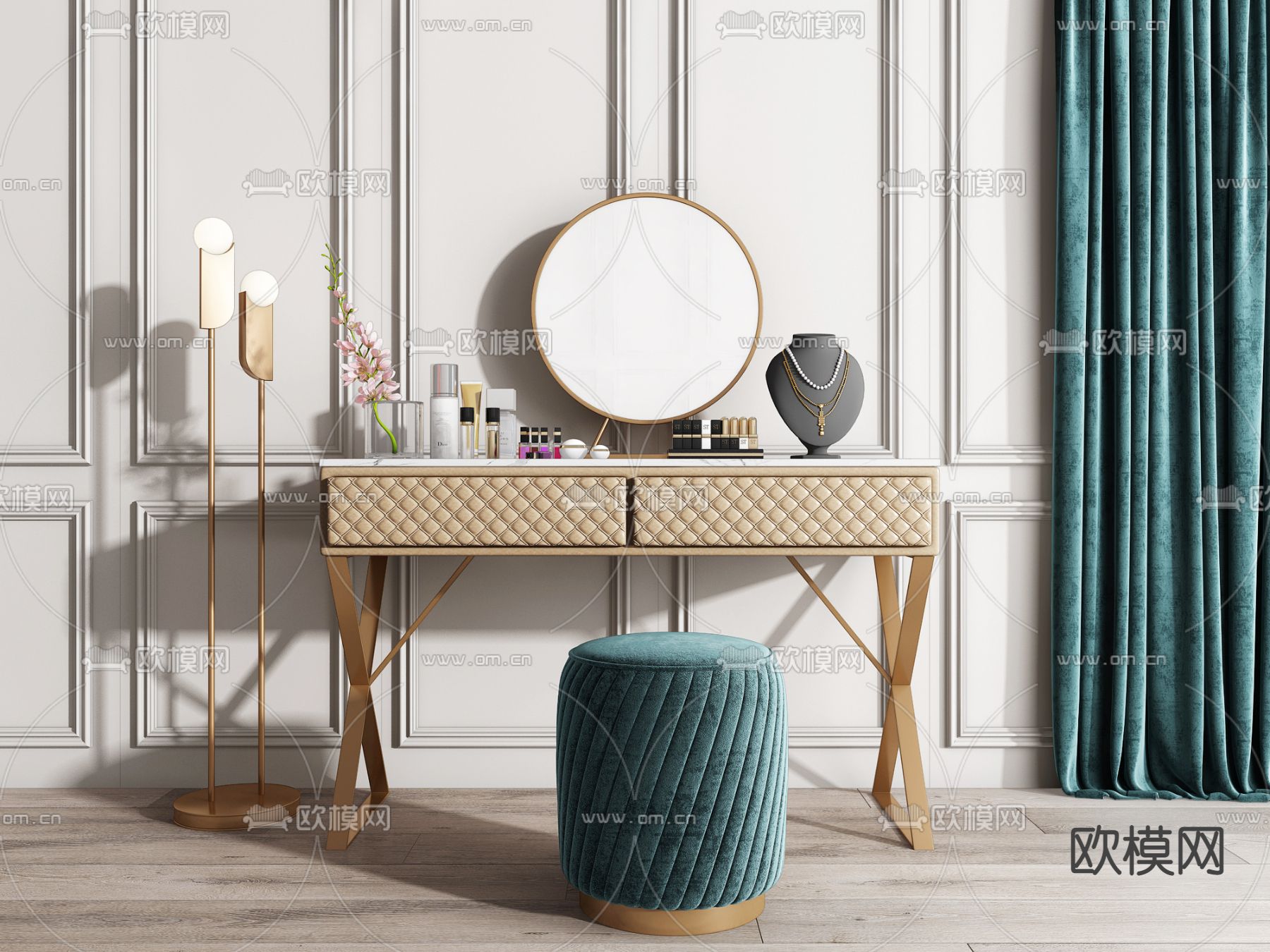 后现代轻奢皮革梳妆台3d模型下载
