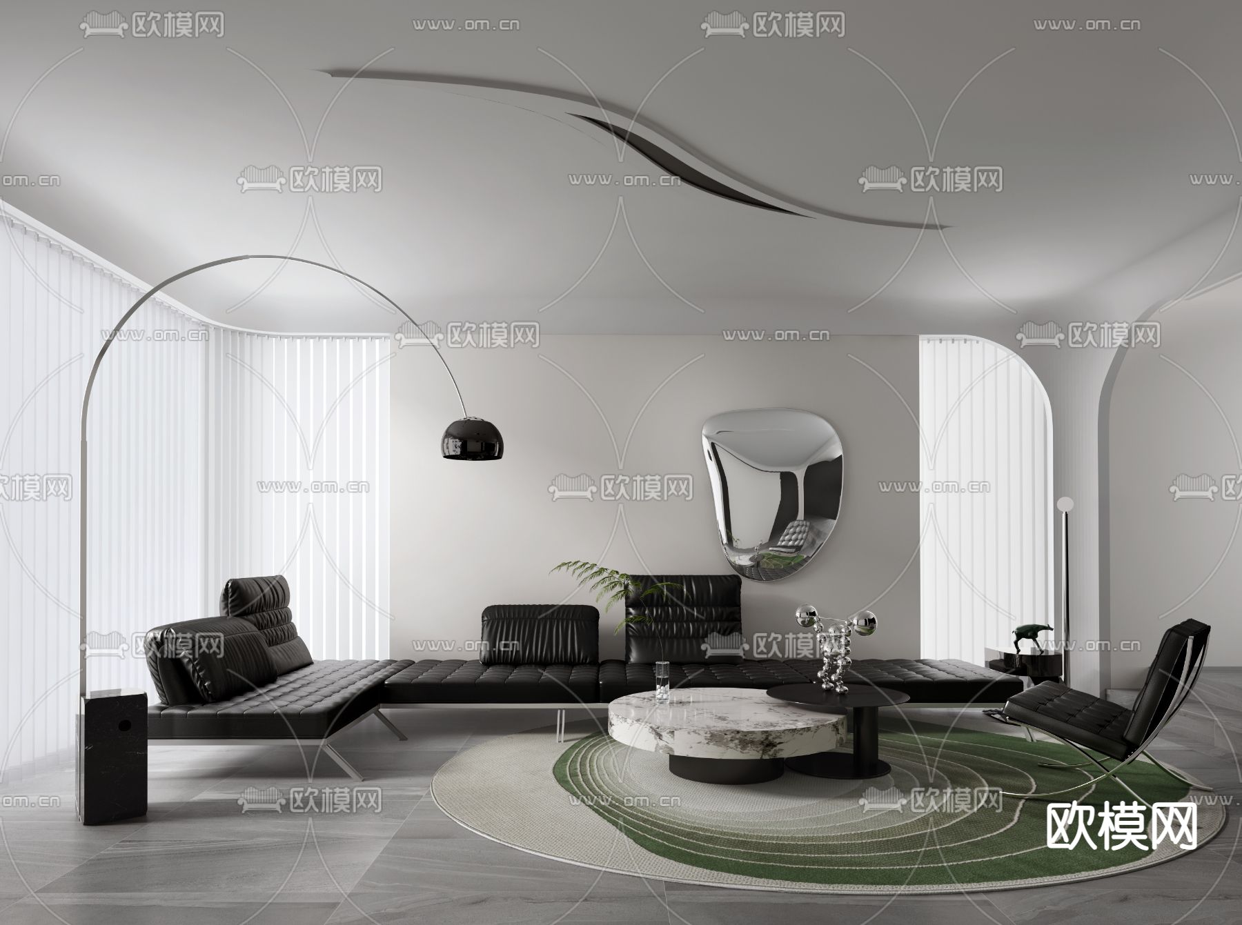 孟菲斯风黑色皮革转角沙发组合3d模型下载