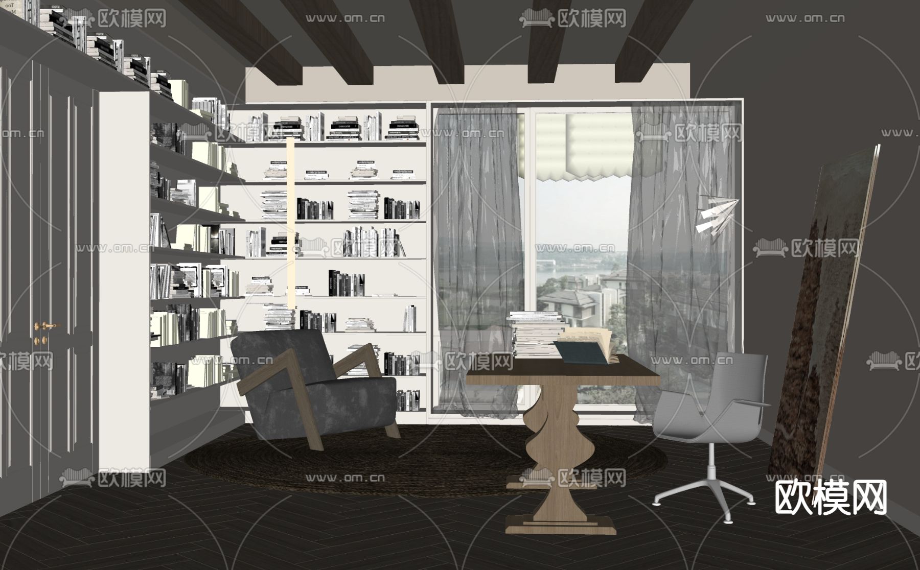 简欧书房su模型下载（渲染图2）