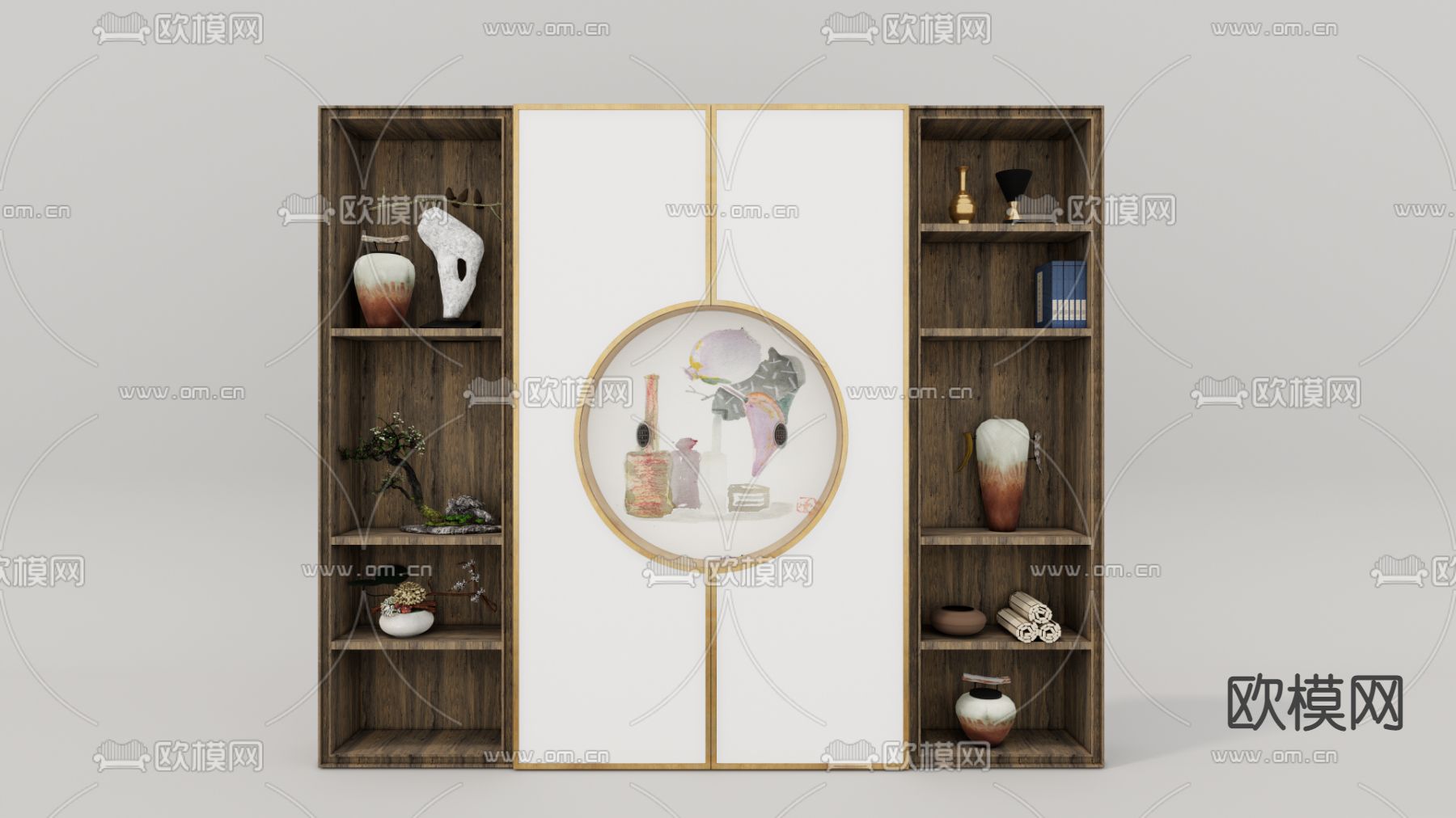 中式装饰柜书柜su模型下载（渲染图1）