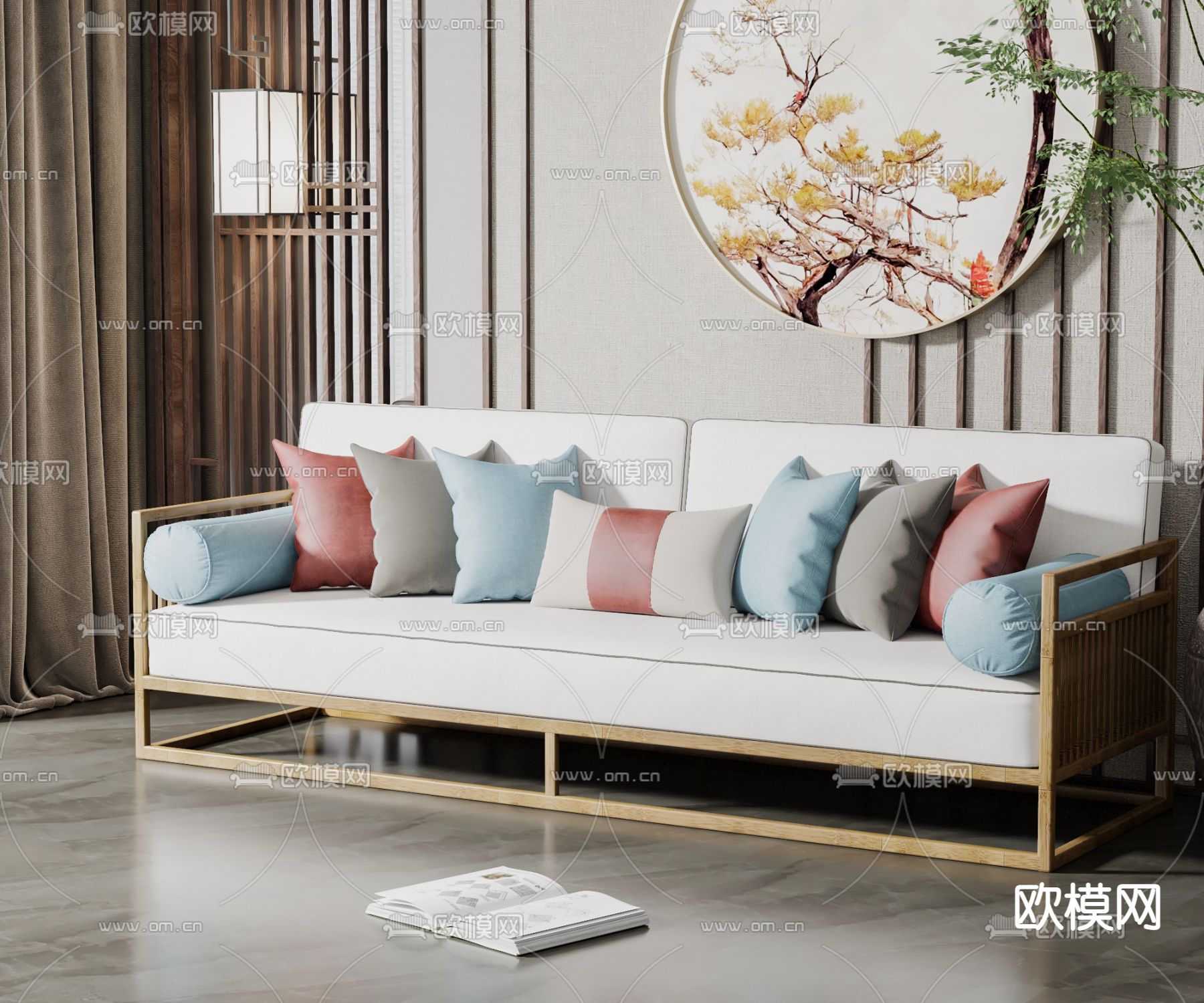 新中式白色多人沙发3d模型下载