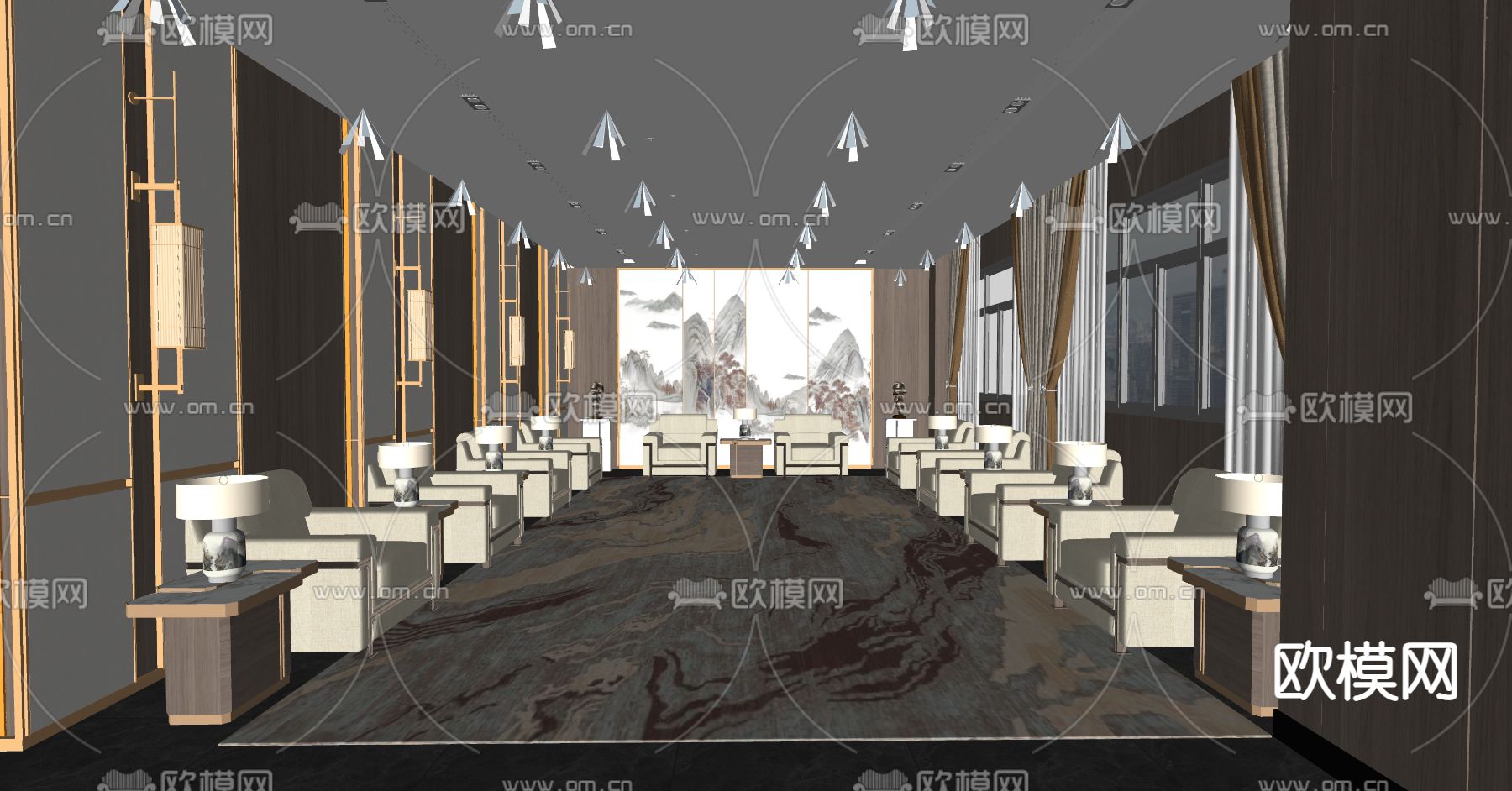 新中式贵宾接待室su模型下载（渲染图2）