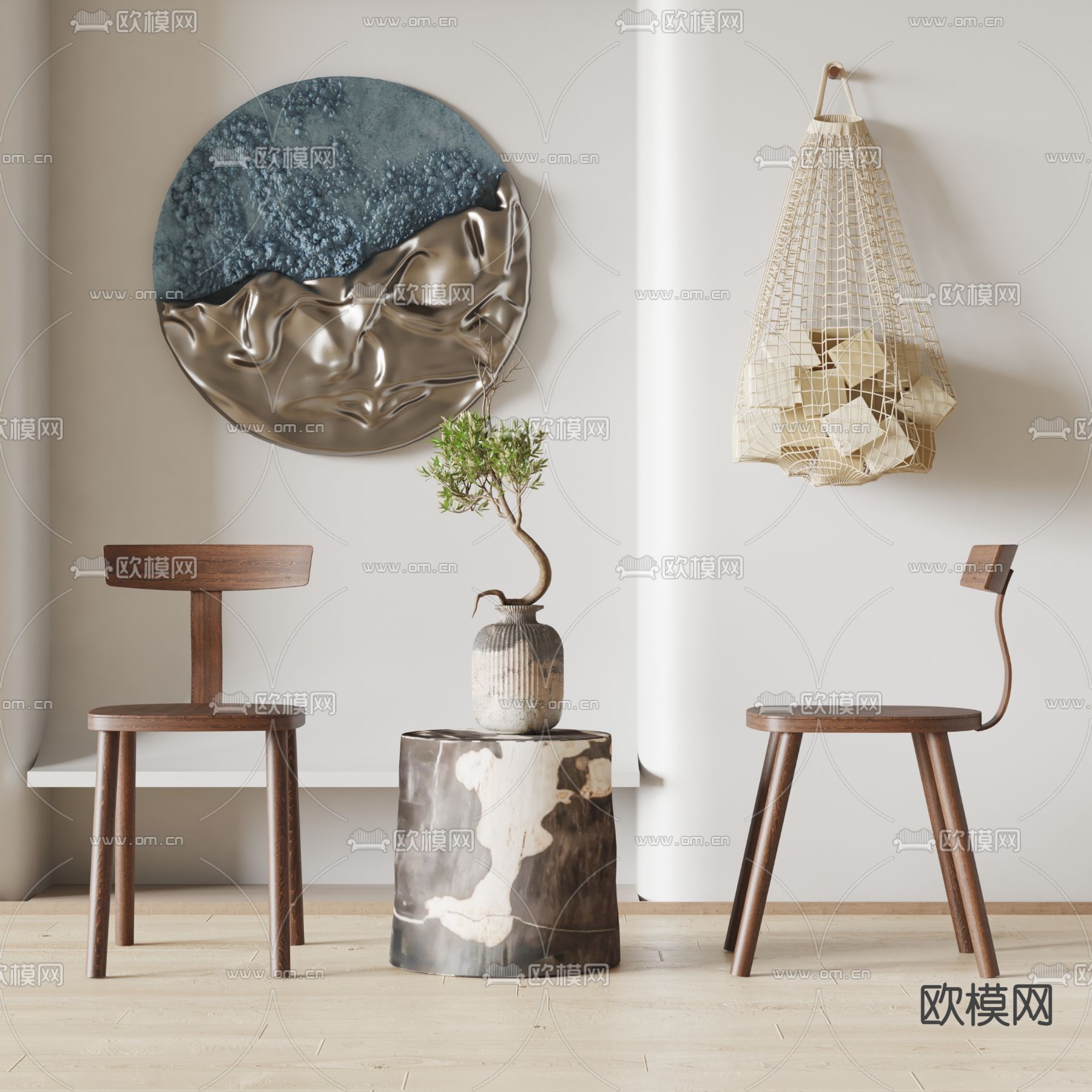 侘寂风圆脚实木单椅3d模型下载