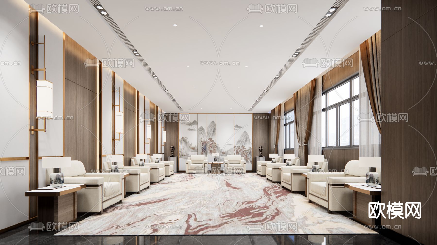 新中式贵宾接待室su模型下载（渲染图1）