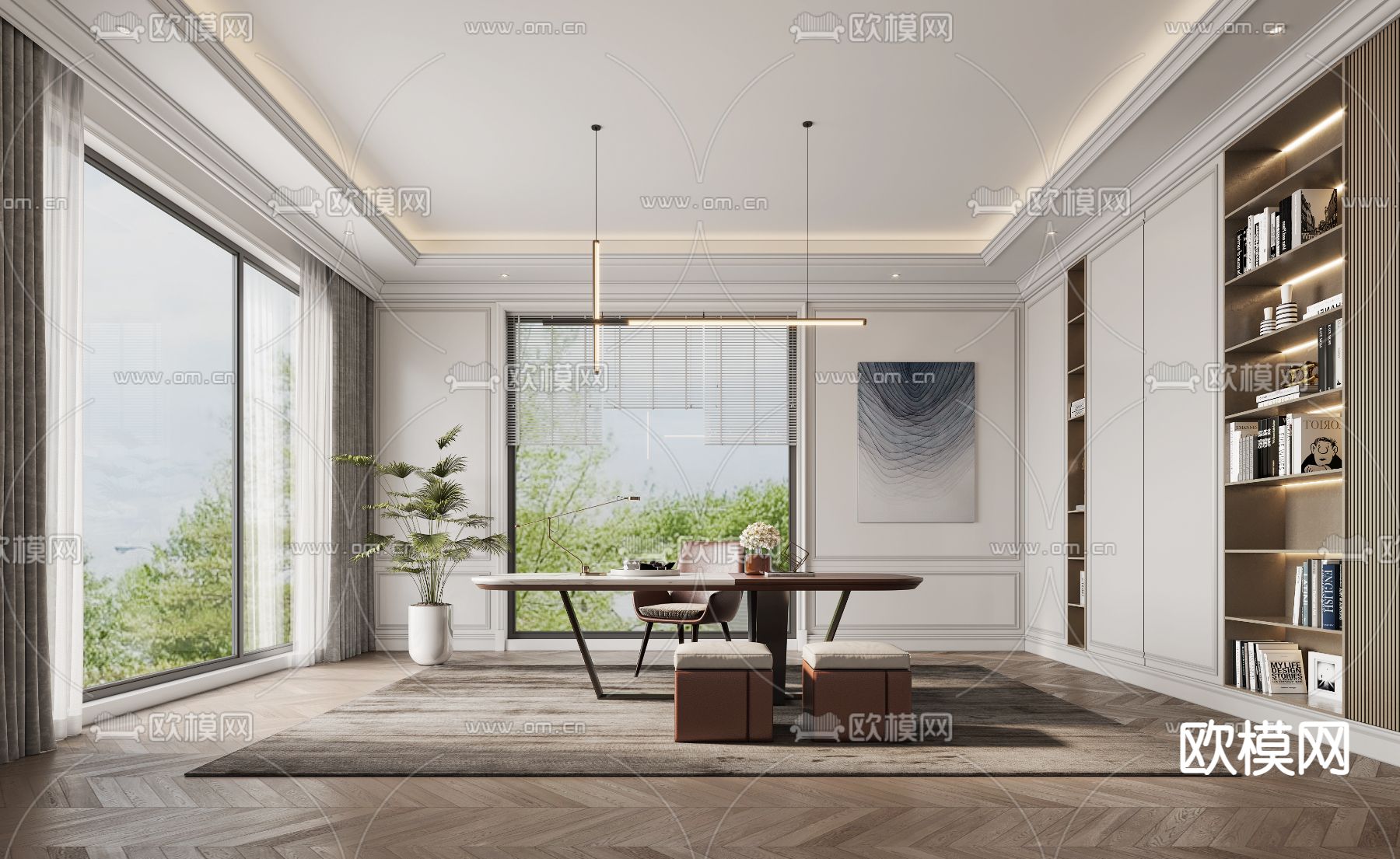 简欧书房3d模型下载（渲染图2）