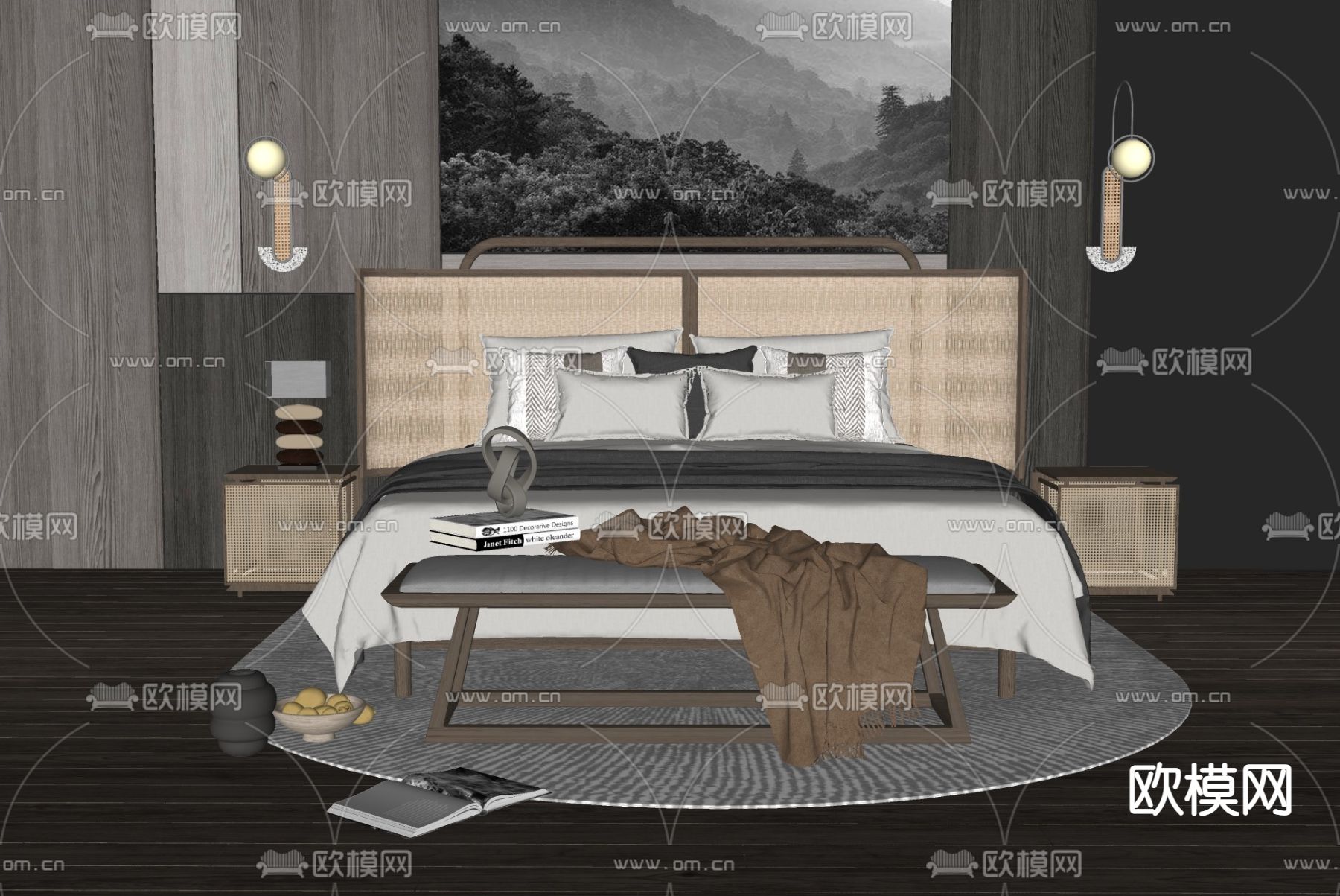 北欧布艺双人床su模型下载（渲染图2）