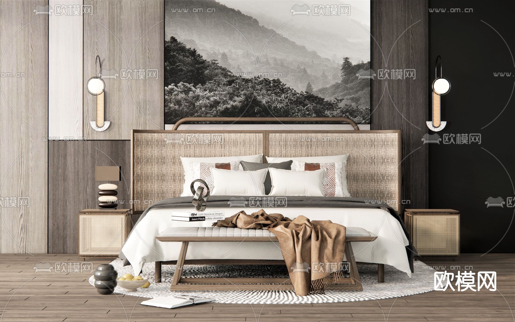 北欧布艺双人床su模型下载（渲染图1）