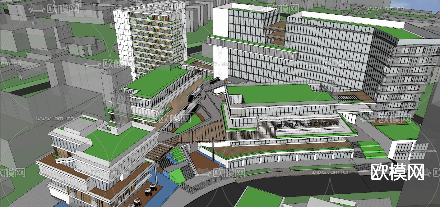 现代办公产业园区鸟瞰su模型下载（渲染图3）