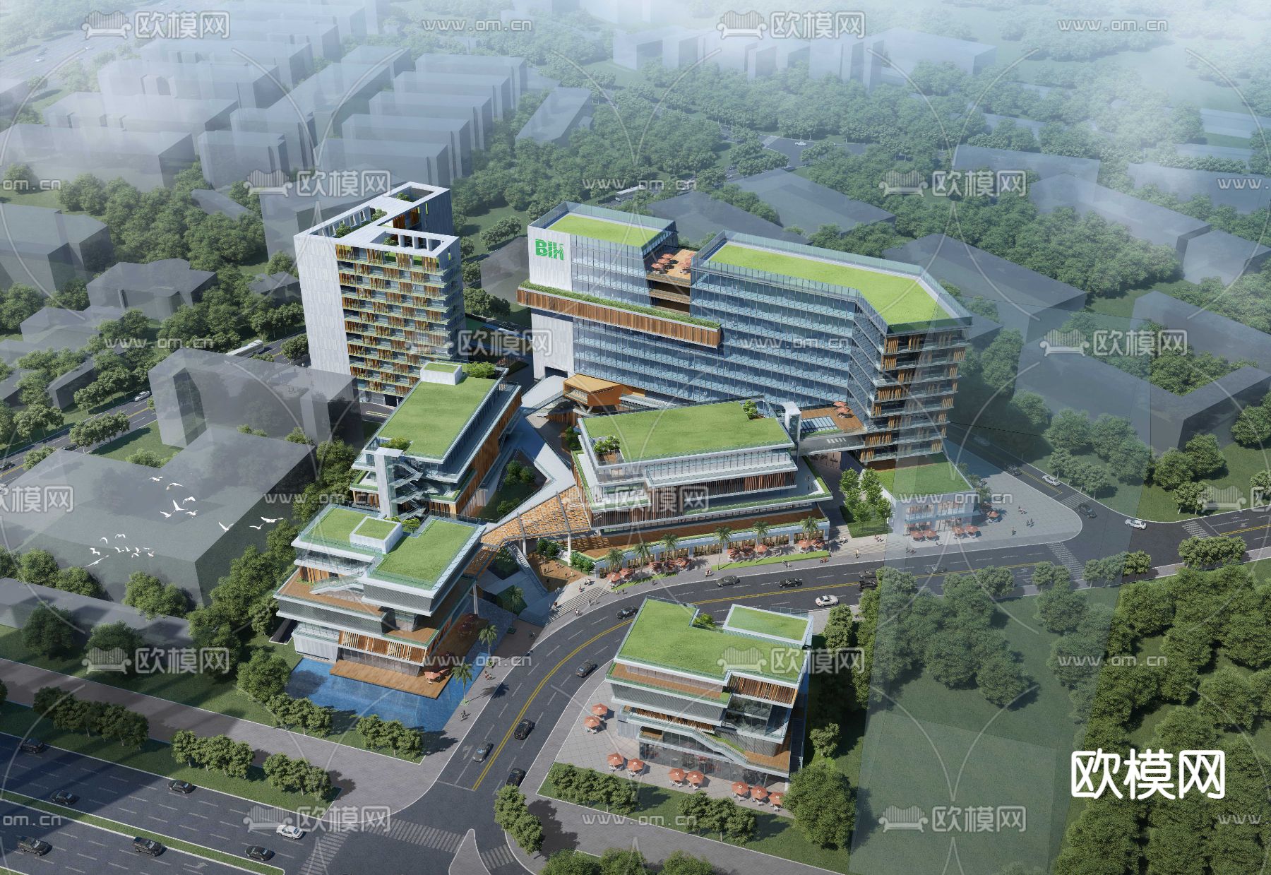 现代办公产业园区鸟瞰su模型下载（渲染图1）