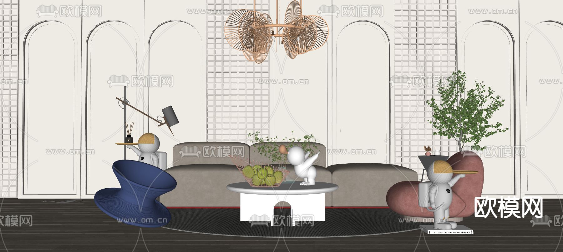 现代沙发茶几组合su模型下载（渲染图2）