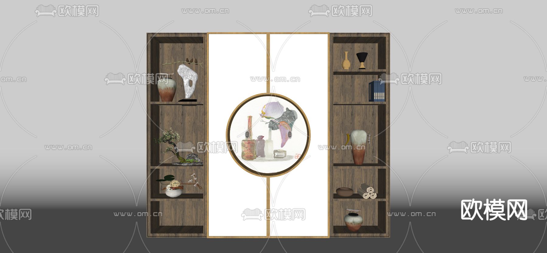 中式装饰柜书柜su模型下载（渲染图2）