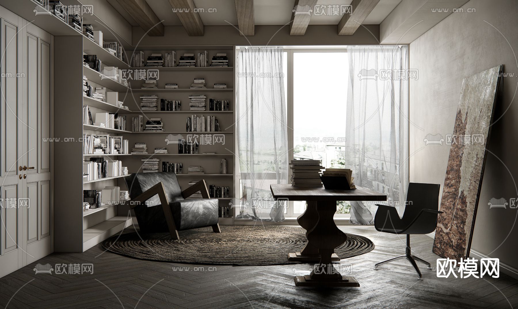 简欧书房su模型下载（渲染图1）