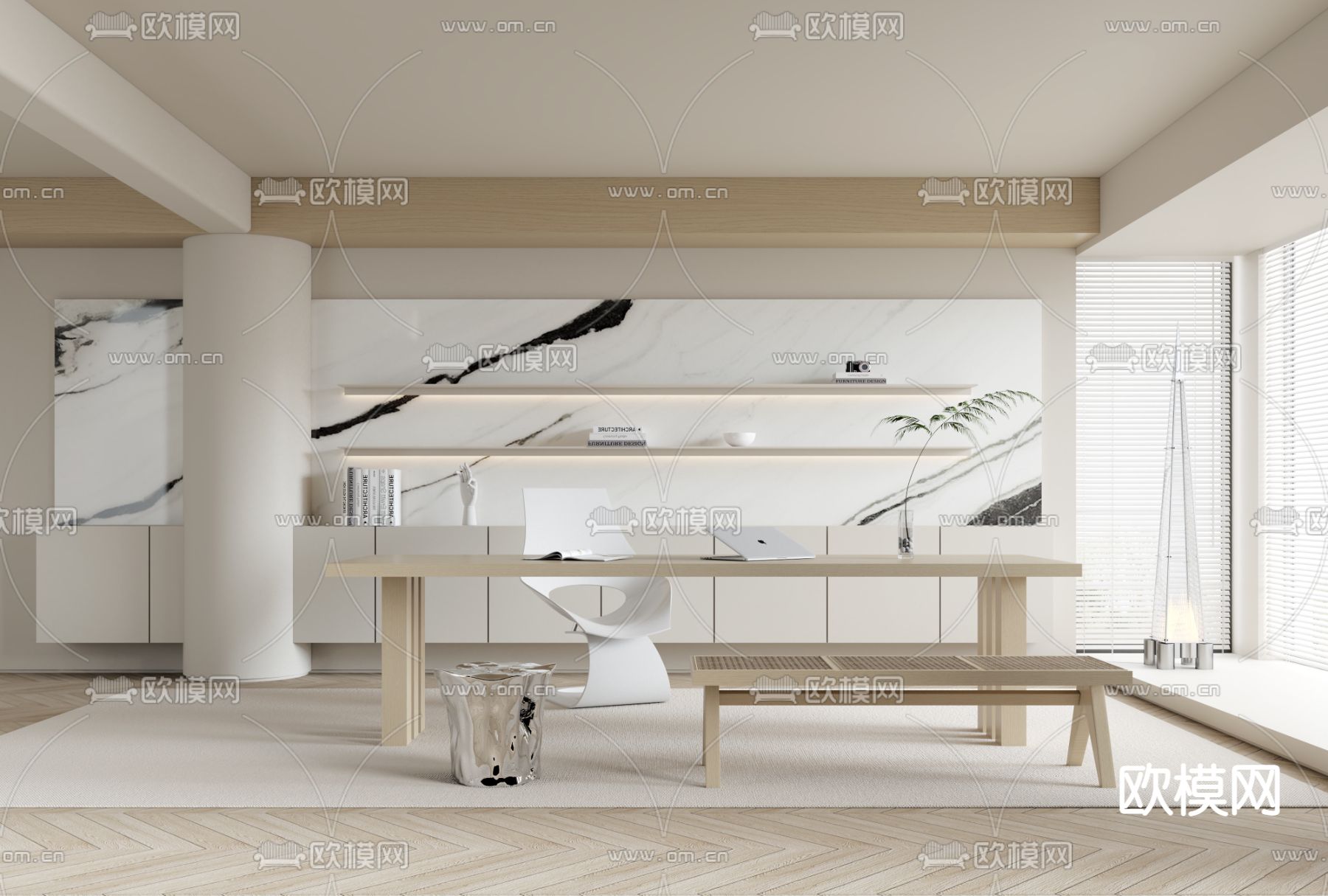 现代奶油风书房3d模型下载