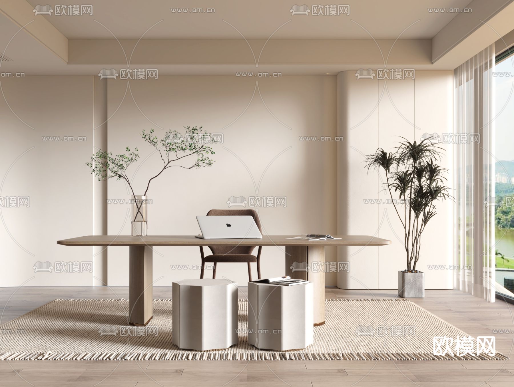 奶油风简约书房3d模型下载_ID11975609_3dmax免费模型-欧模网