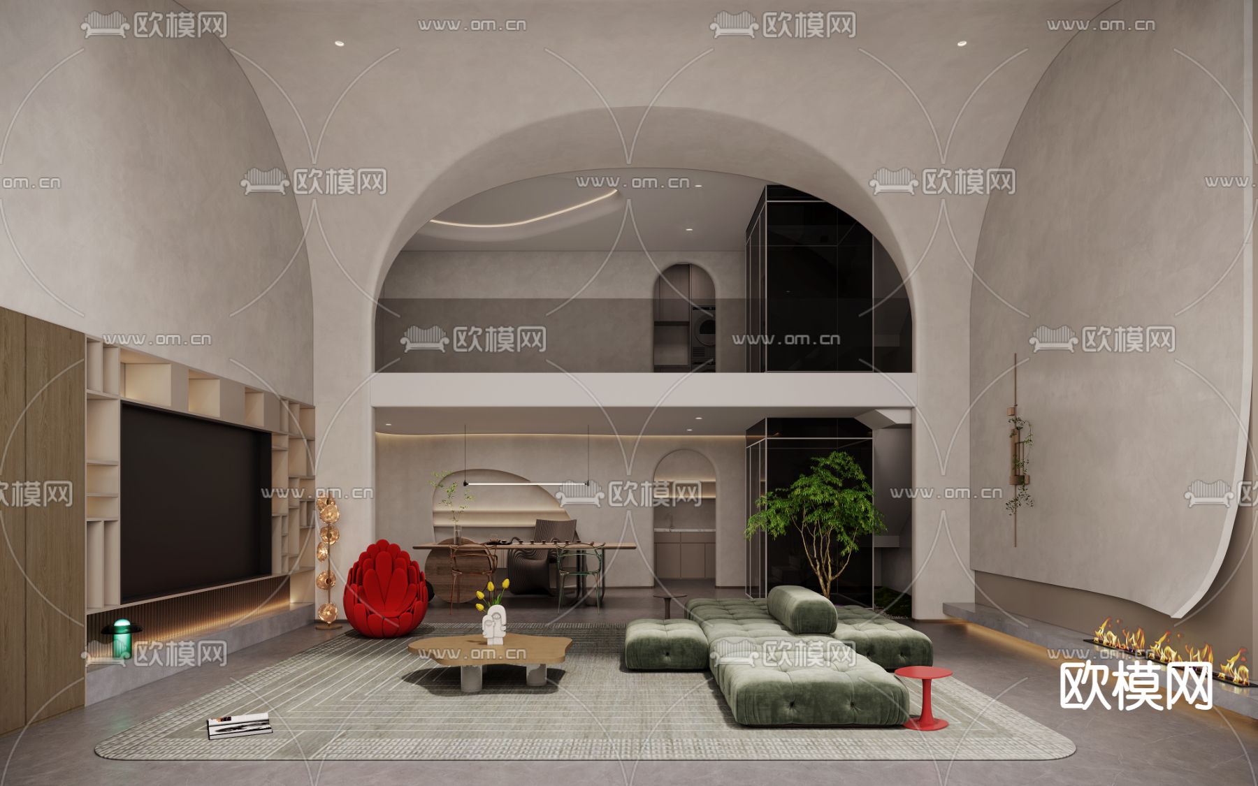 侘寂挑空别墅客厅3d模型下载_ID11975362_3dmax免费模型-欧模网