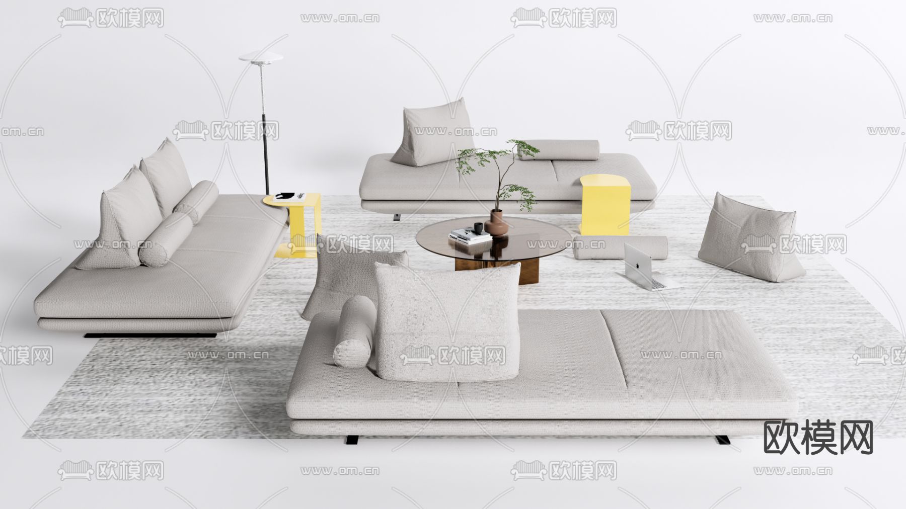 现代布艺组合沙发su模型下载（渲染图1）