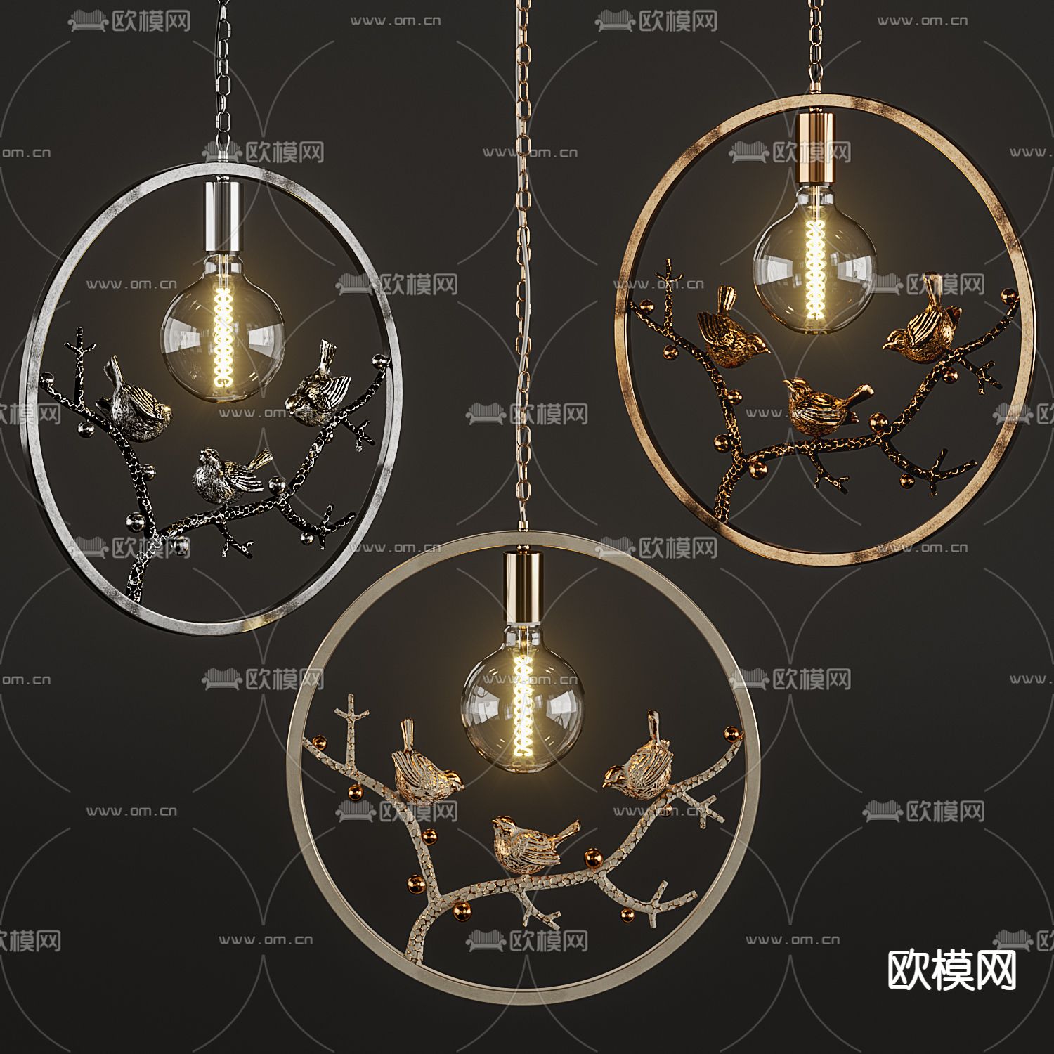 欧式树枝小鸟吊灯su模型下载（渲染图1）