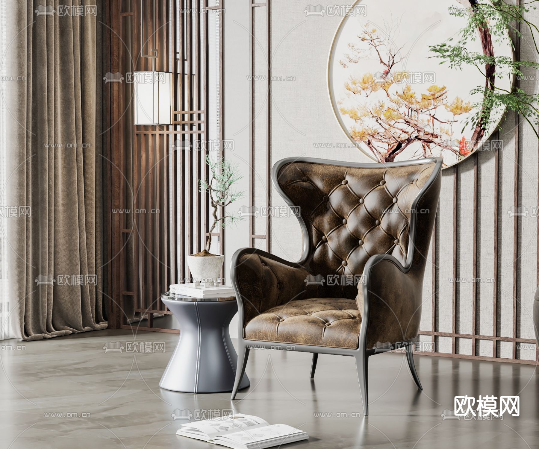 新中式棕色皮革单人沙发3d模型下载