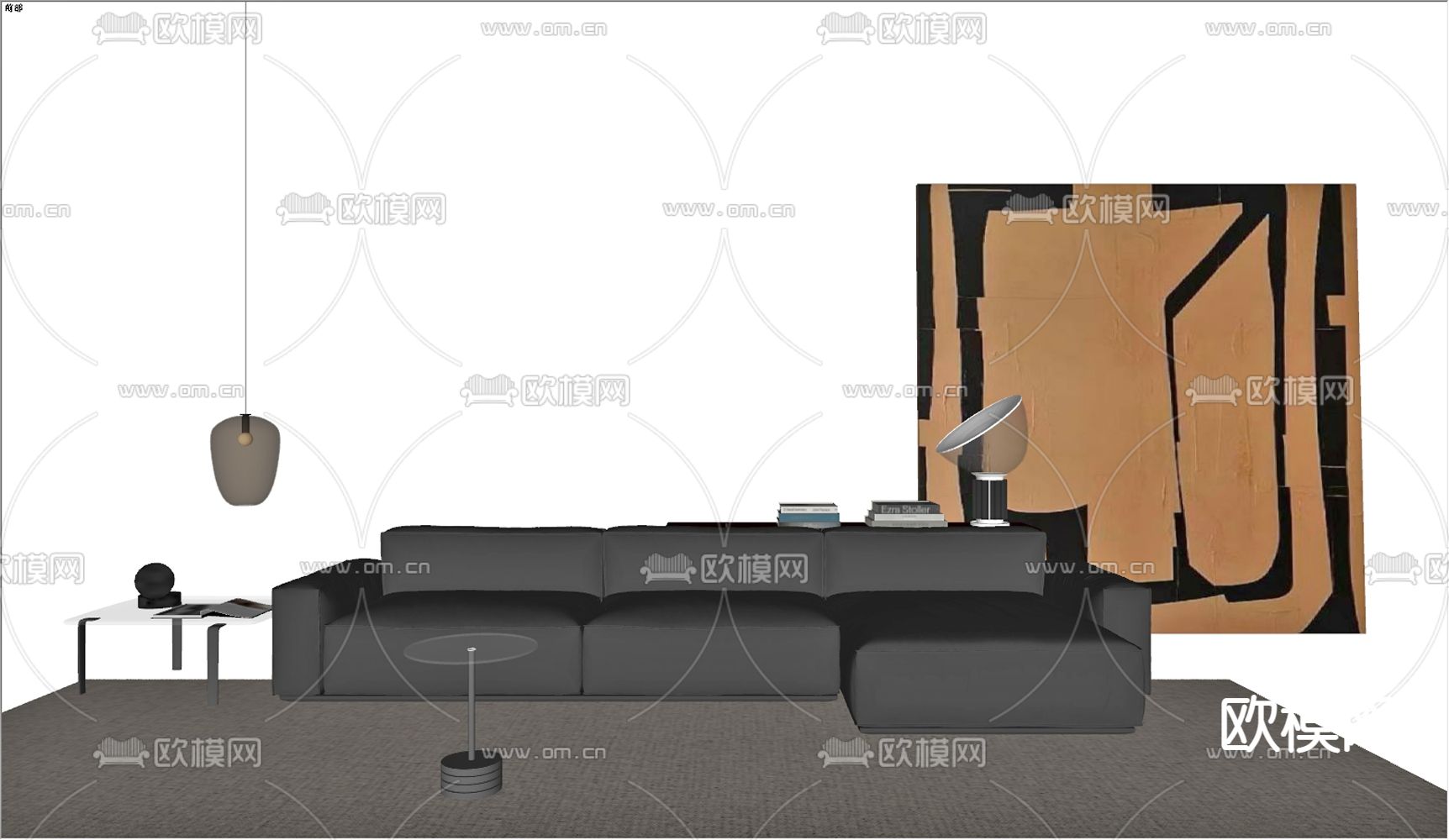 现代黑色皮革多人沙发su模型下载（渲染图2）