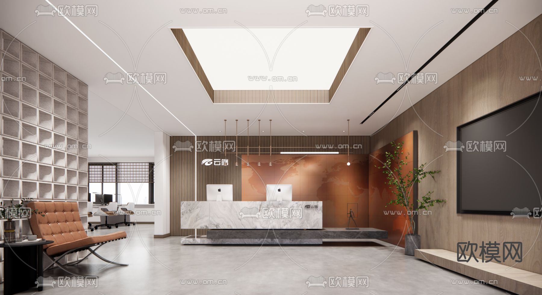 现代办公室前台su模型下载（渲染图1）