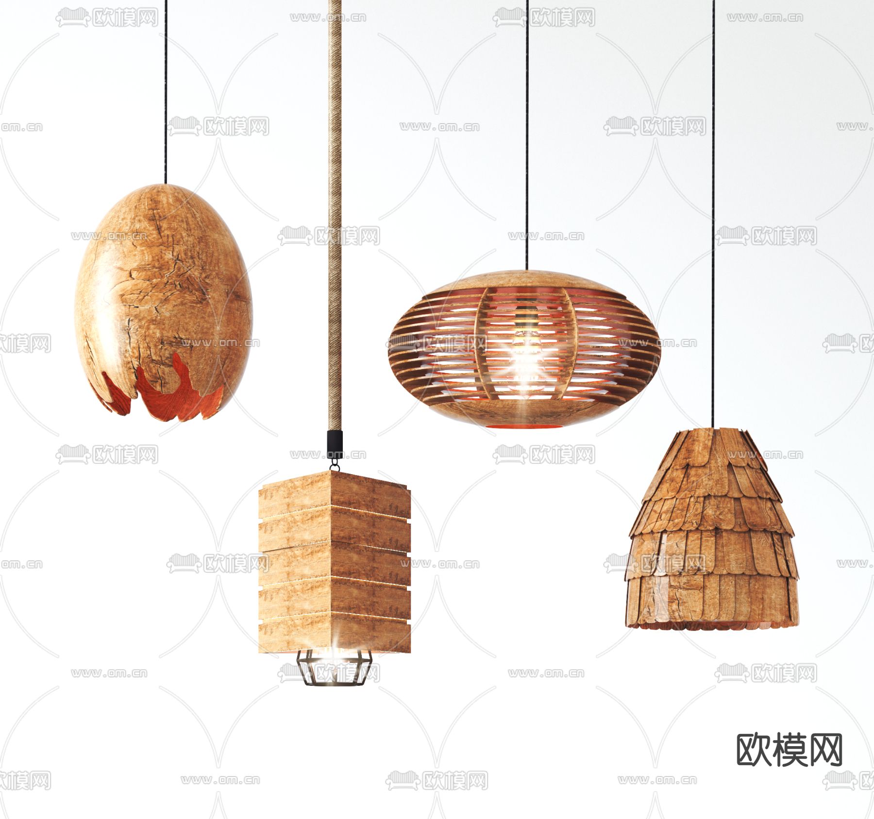 自然风生态木蛋壳灯笼创意吊灯3d模型下载