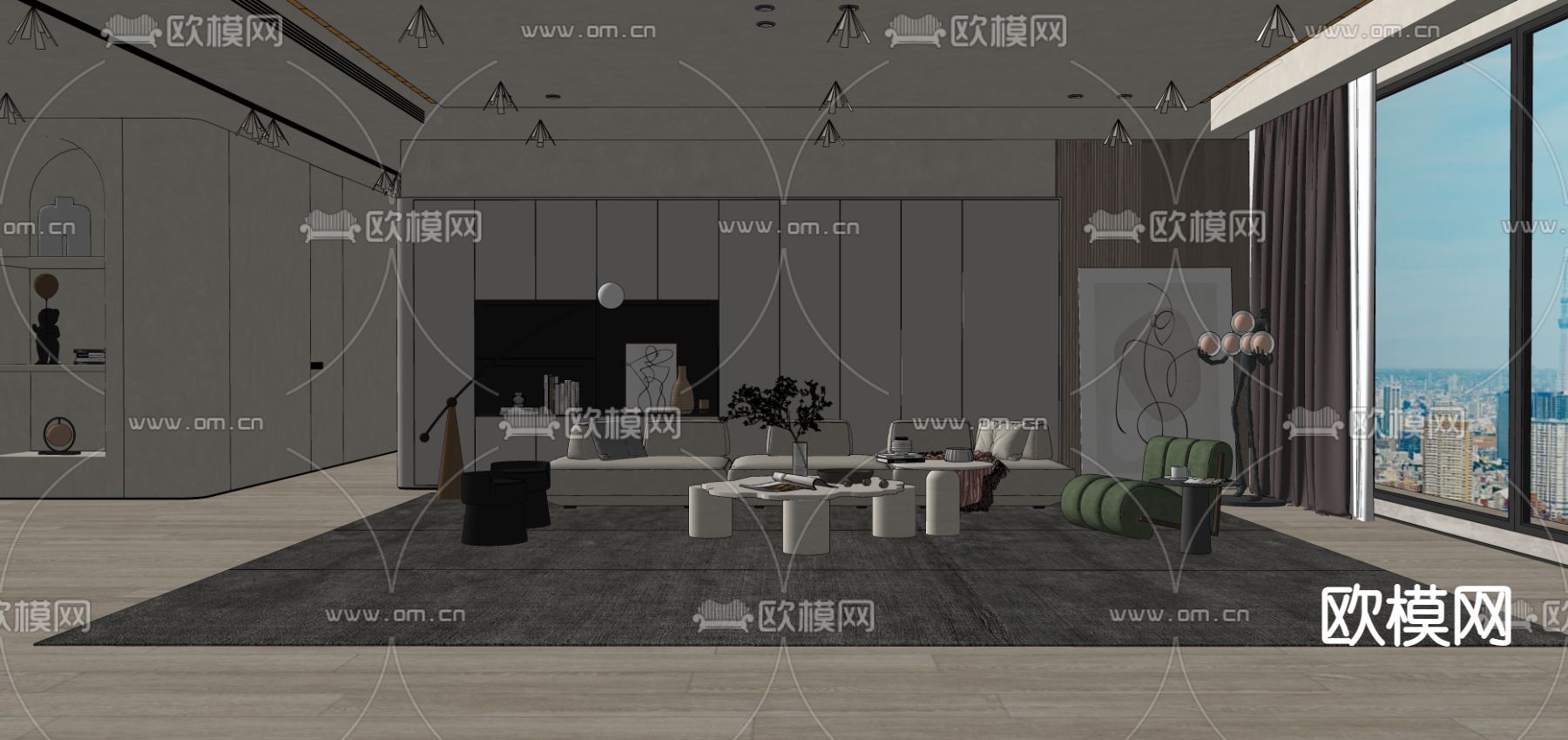 现代客厅su模型下载（渲染图2）