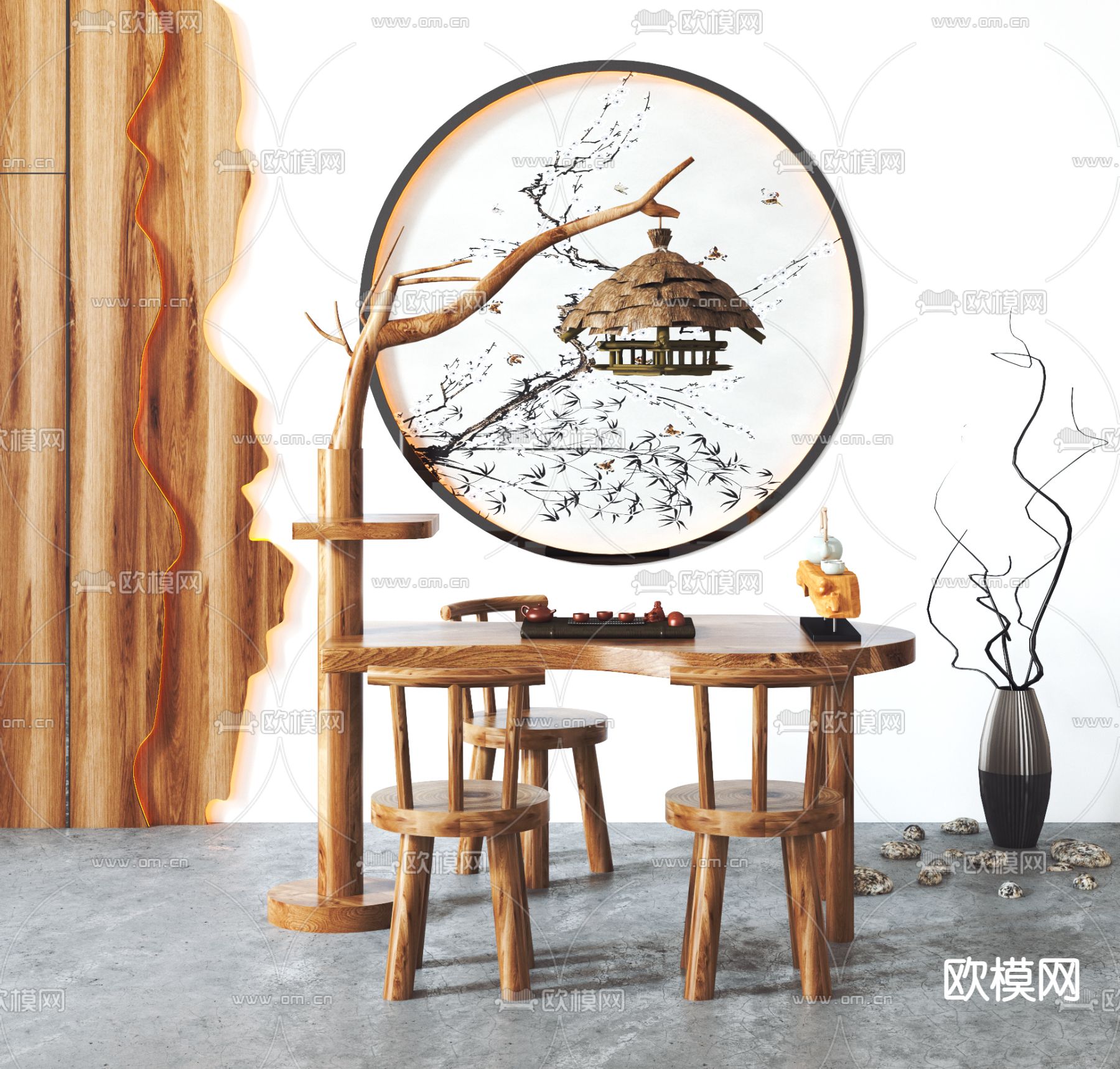 中式创意木雕茶桌椅3d模型下载