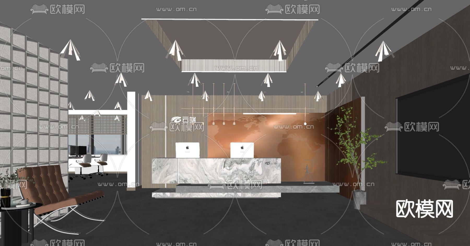 现代办公室前台su模型下载（渲染图2）