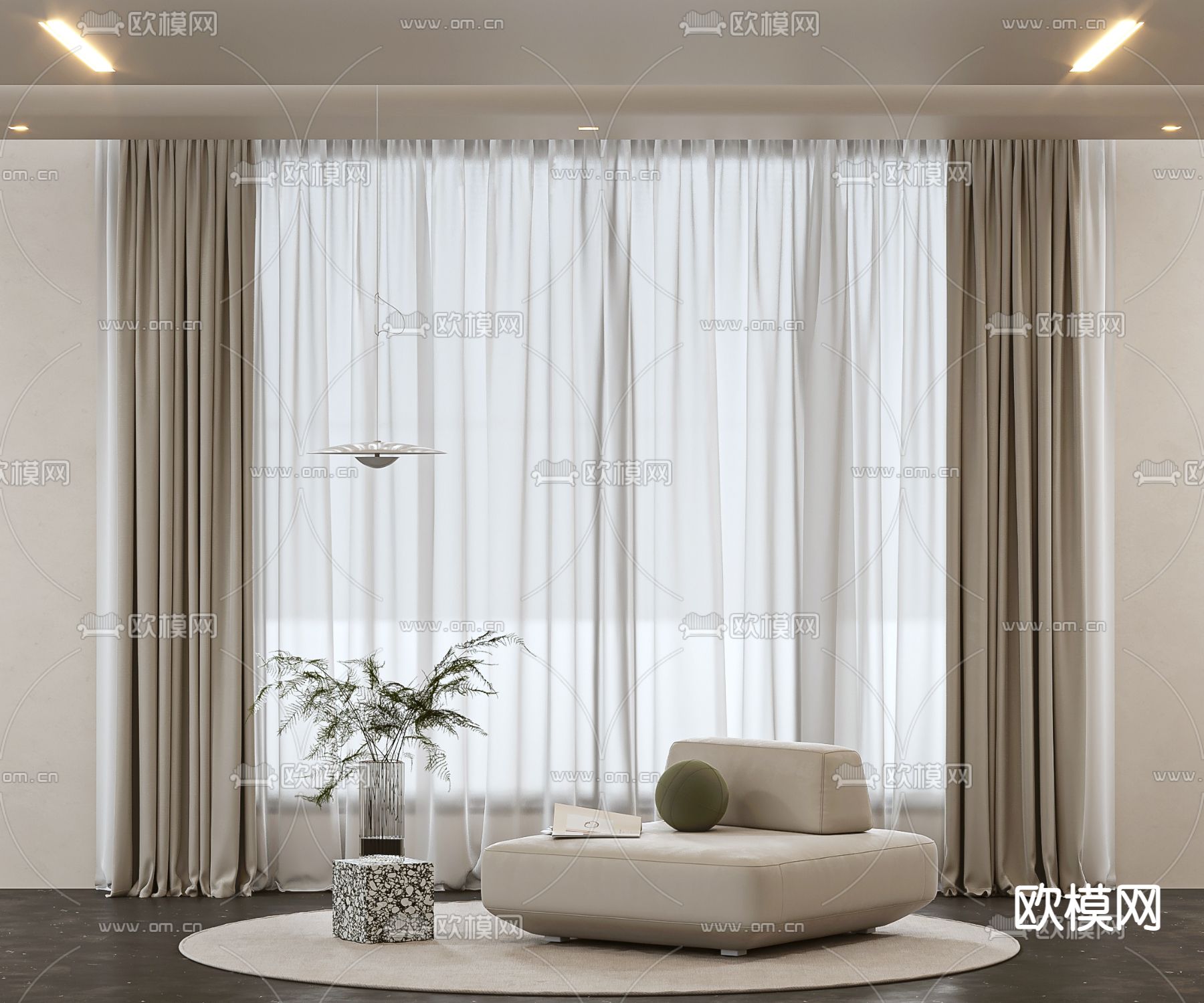 现代米色布艺窗帘纱帘3d模型下载（渲染图1）
