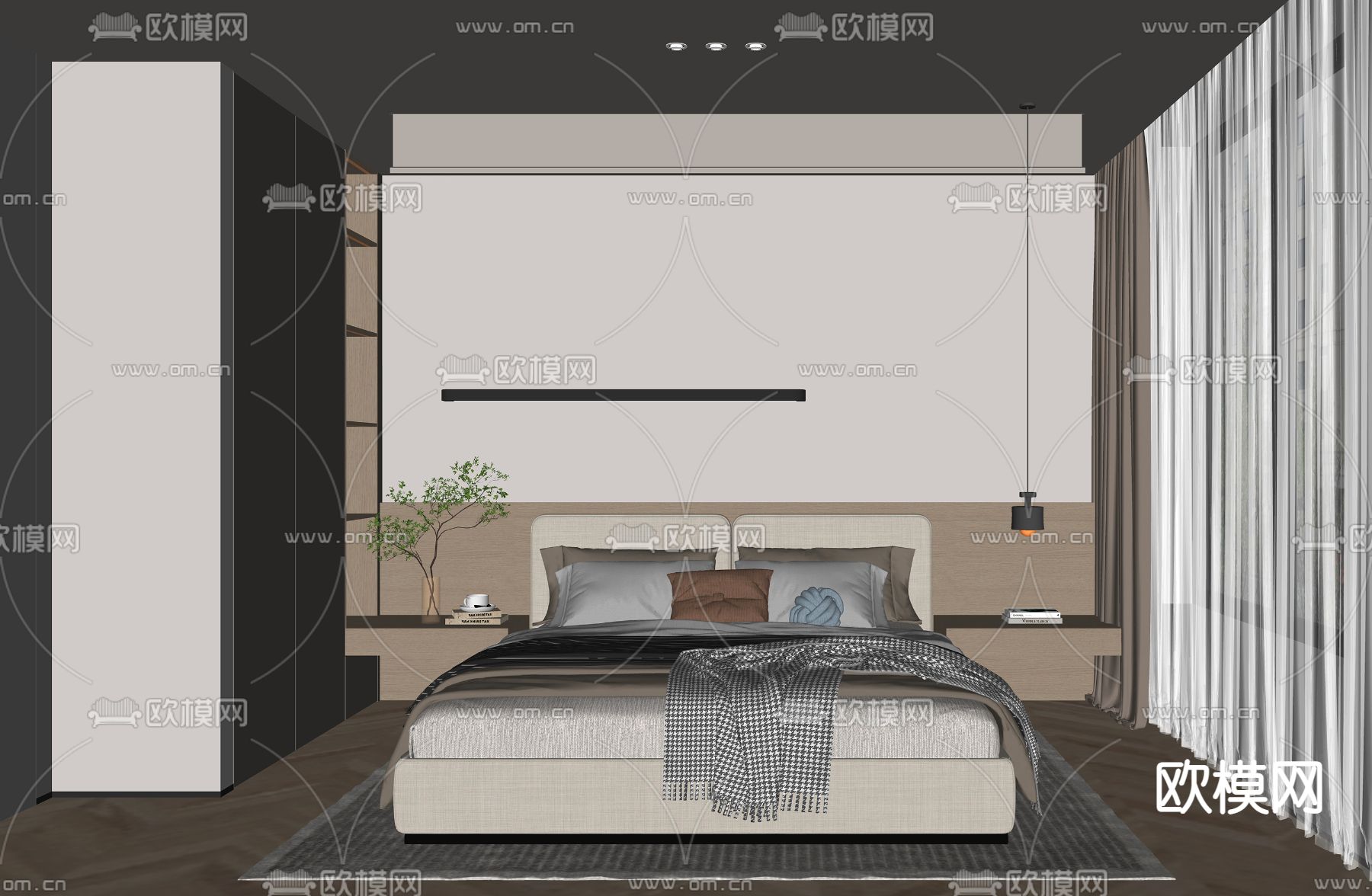 现代卧室主人房su模型下载（渲染图2）