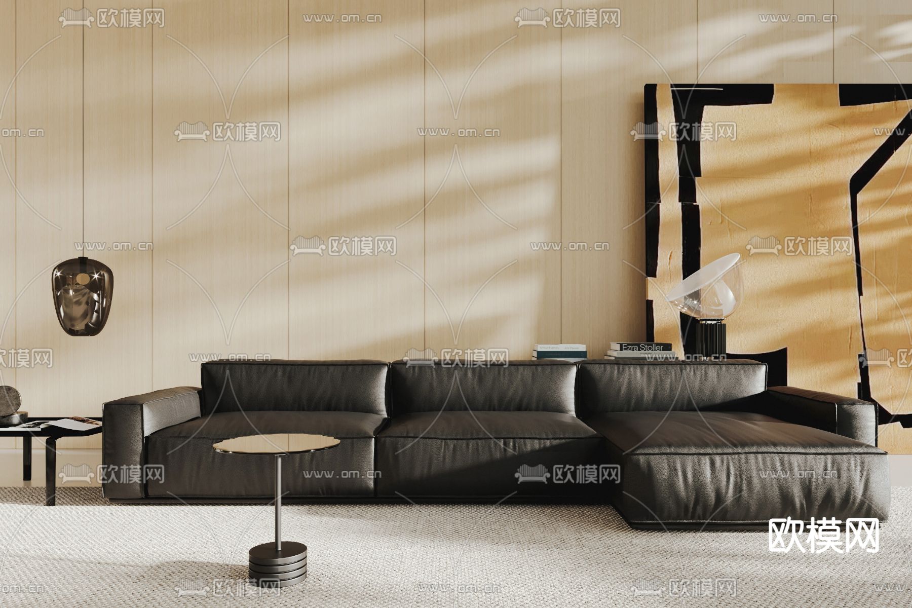 现代黑色皮革多人沙发su模型下载（渲染图1）